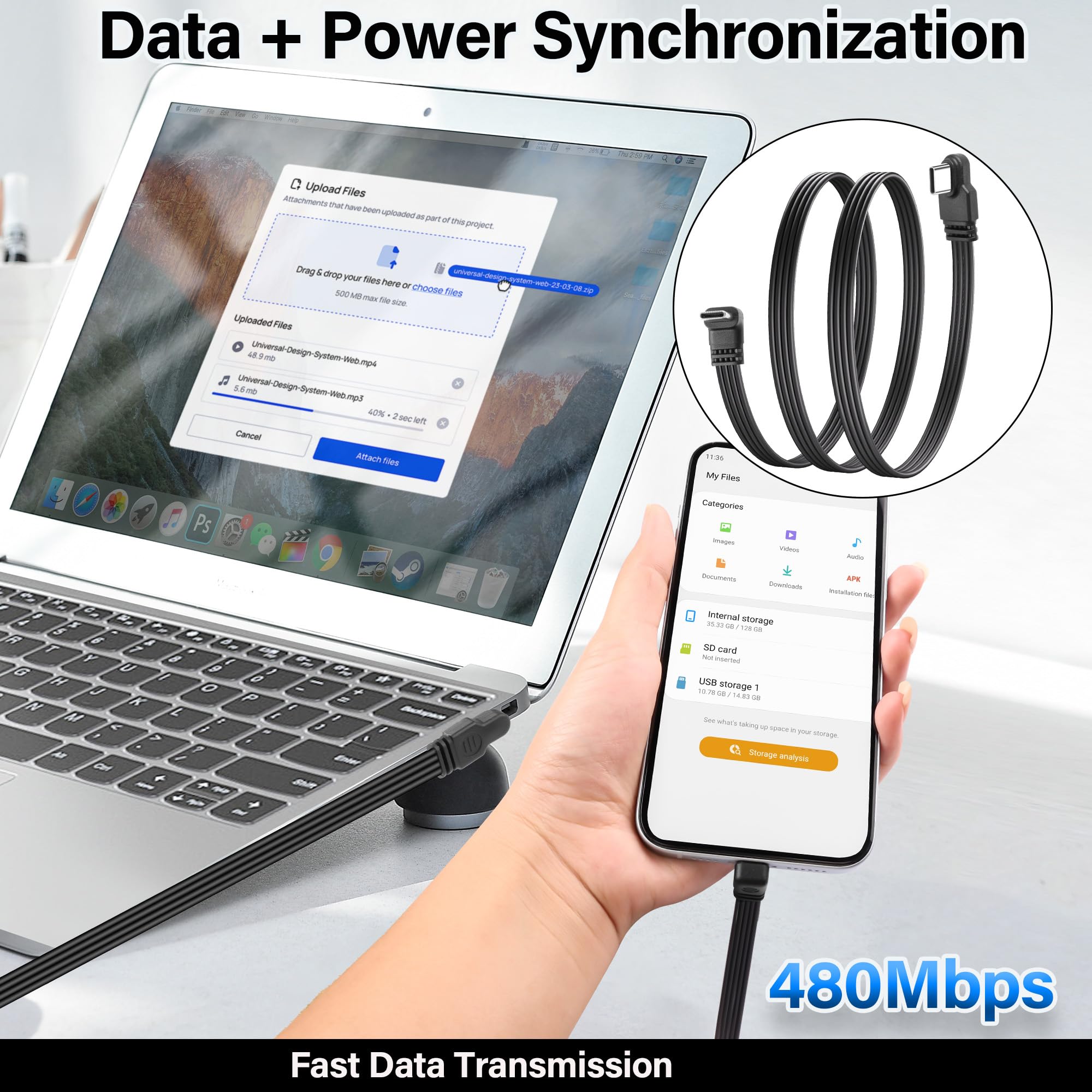 Cavo USB-C Ad Angolo Retto 90° – Piatto, 50cm, Ricarica 2.0 E Trasferimento Dati 480Mbps, Per Laptop E Telefono - 2