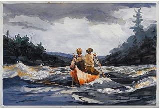Canoe in the Rapids - Winslow Homer hand-painted oil painting reproduction,Two Men Paddling Canoe on River Cloudy Day,Sports Wall Art Decor