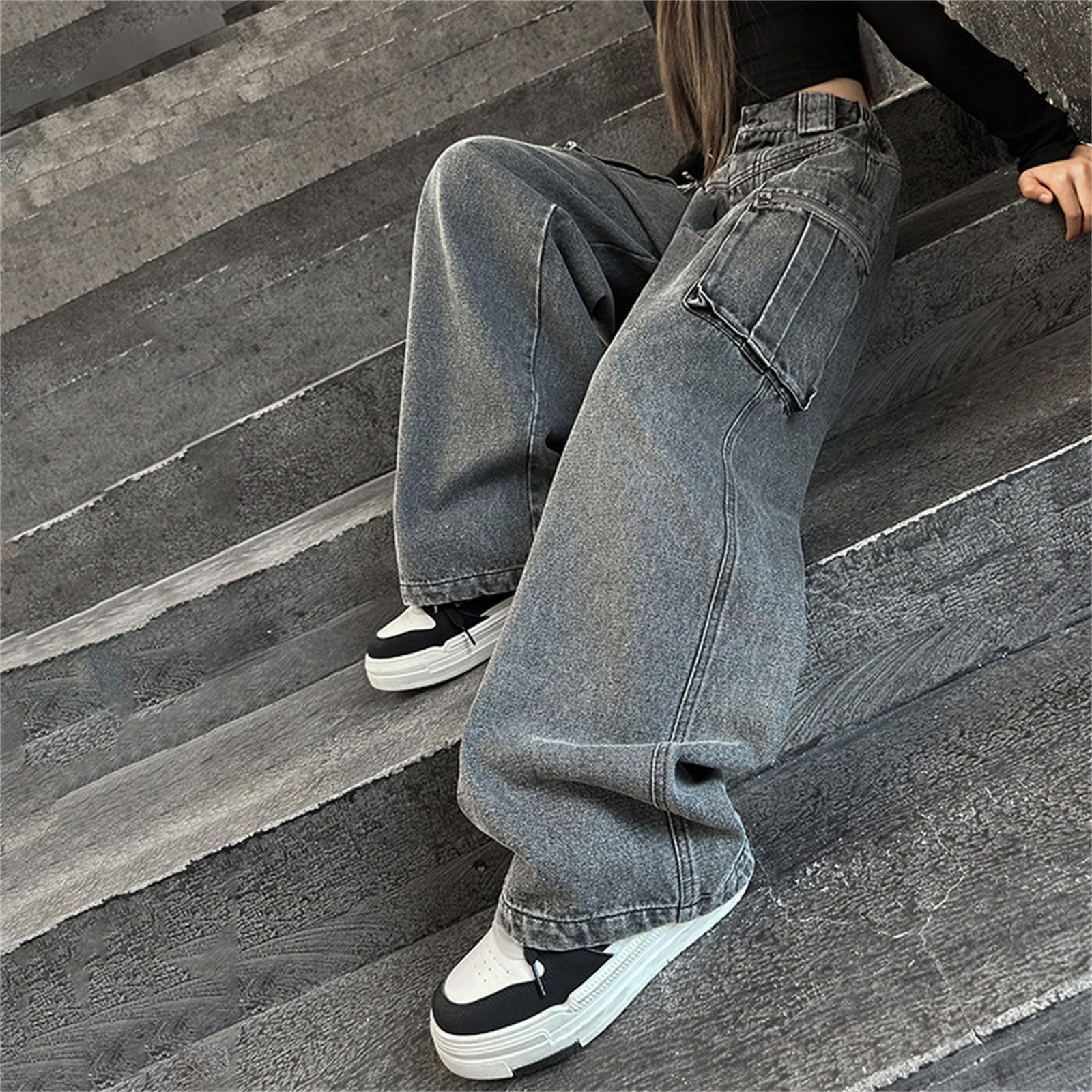Jeans Large Ragazza Bootcut Strappato Elastico, Pantaloni Baggy in Denim a Vita Alta - Zampa di Elefante - Pantaloni Cargo per 5-16 Anni Bambini