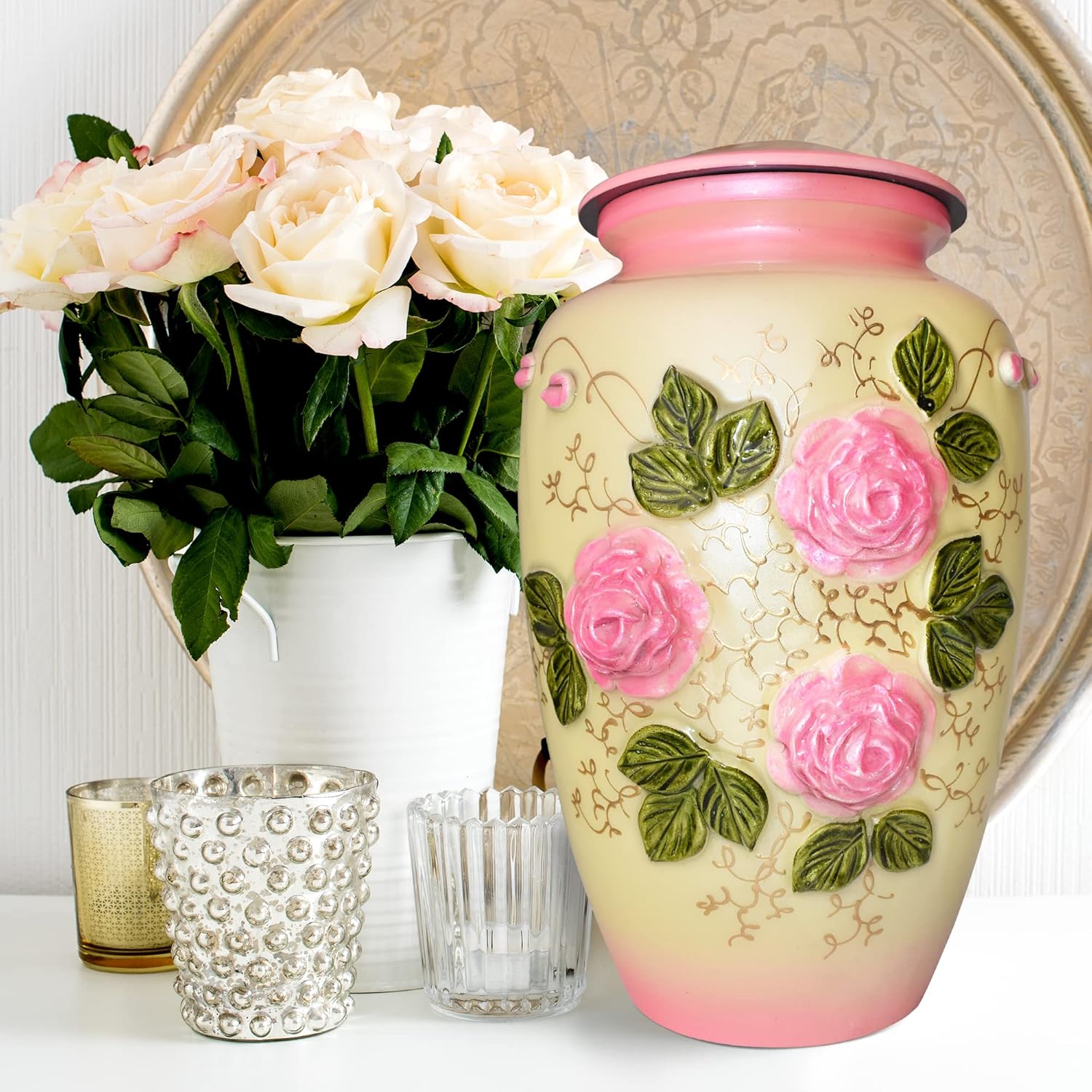 Cremation Urn for Adult Ashes by Forever Lane- Beautiful Handcrafted Metal Urn for Human Ashes- Keepsake Urn Container for Men & Women- Decorative Cremation Funeral & Burial Urn Vase (Pink Roses)