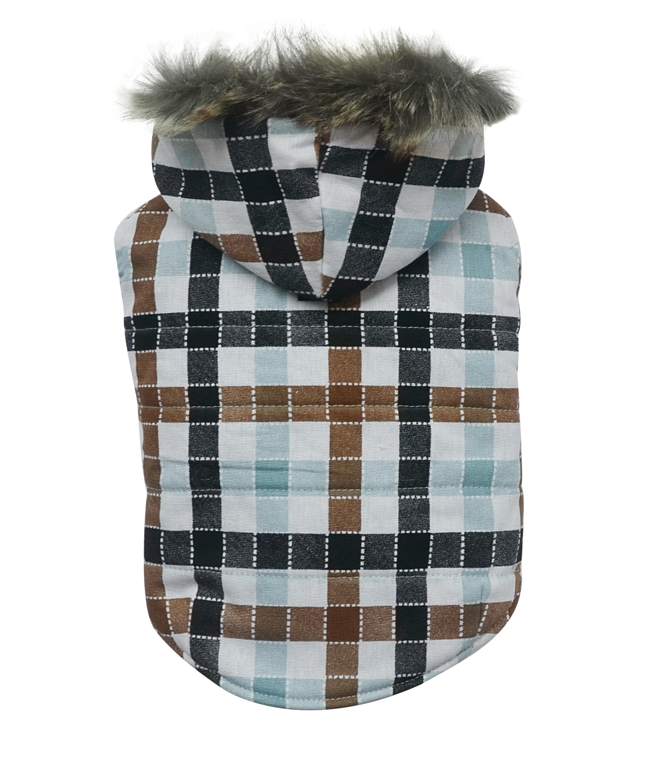 DoggyDolly W487 Hundemantel/Hundejacke mit Kapuze blau kariert (S- Brust 36-38 cm - Rücken 23-25 cm)