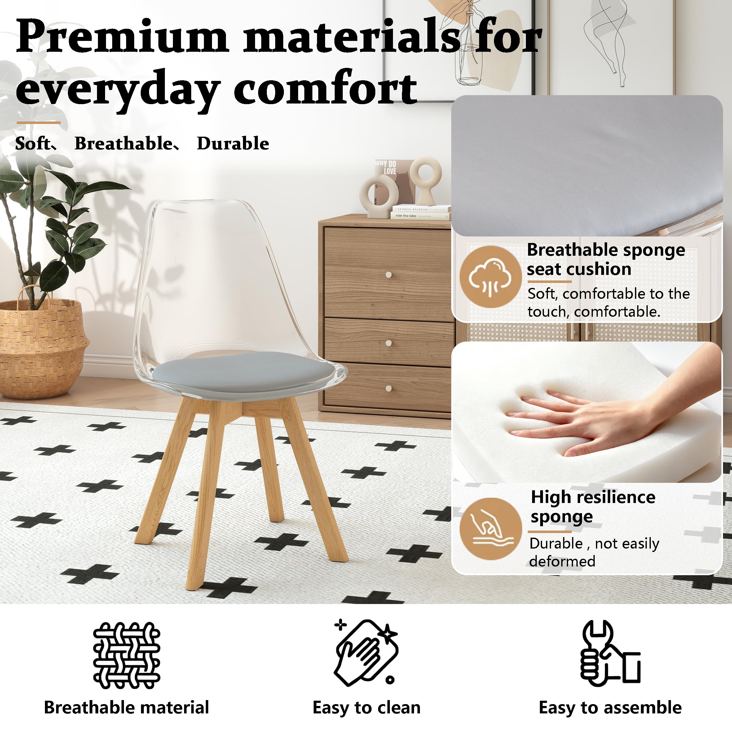GrandCA HOME Juego de 4 Sillas Nórdicas, Respaldo Transparente,Patas Haya | Silla ergonómica Para Cenas Familiares, Apartamentos y Restaurantes,Almohadón PU, Fácil Limpieza y Montaje Rápido,Gris - PU