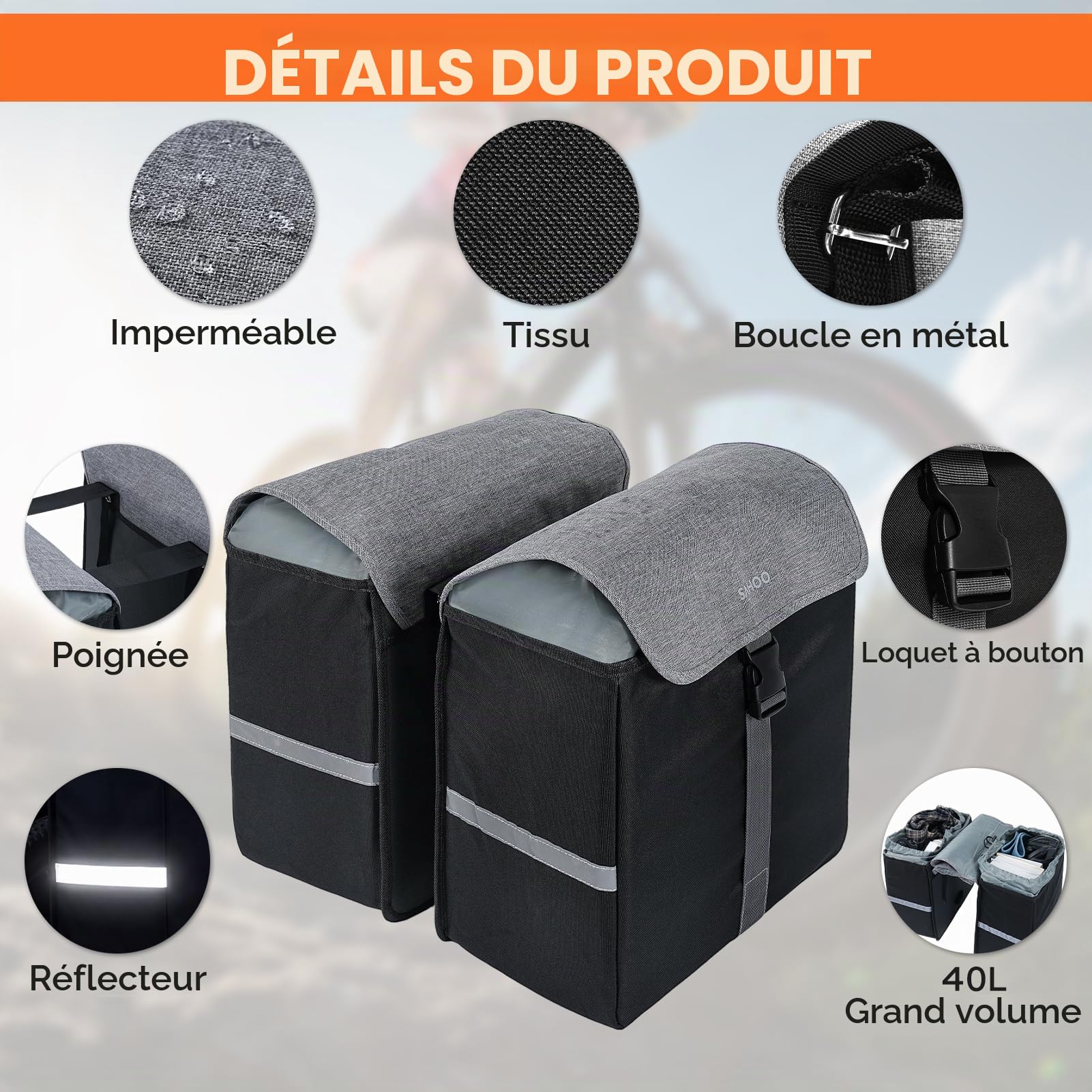 40L Sacoche Vélo Double, Sacoche Velo Porte-Bagage Arrière Étanche Grande Capacité avec Poignée de Transport Bandes Réfléchissantes Sacoche Porte Bagage Velo pour Vélo/VTT(36x17x34cm, Noir)