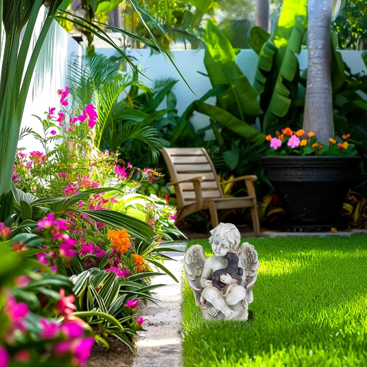 Birdbath Ceramic Bowl Decor for Bee Bird Bath Outdoor & Angel Wings with A Little Dog in Arms Resin Statue