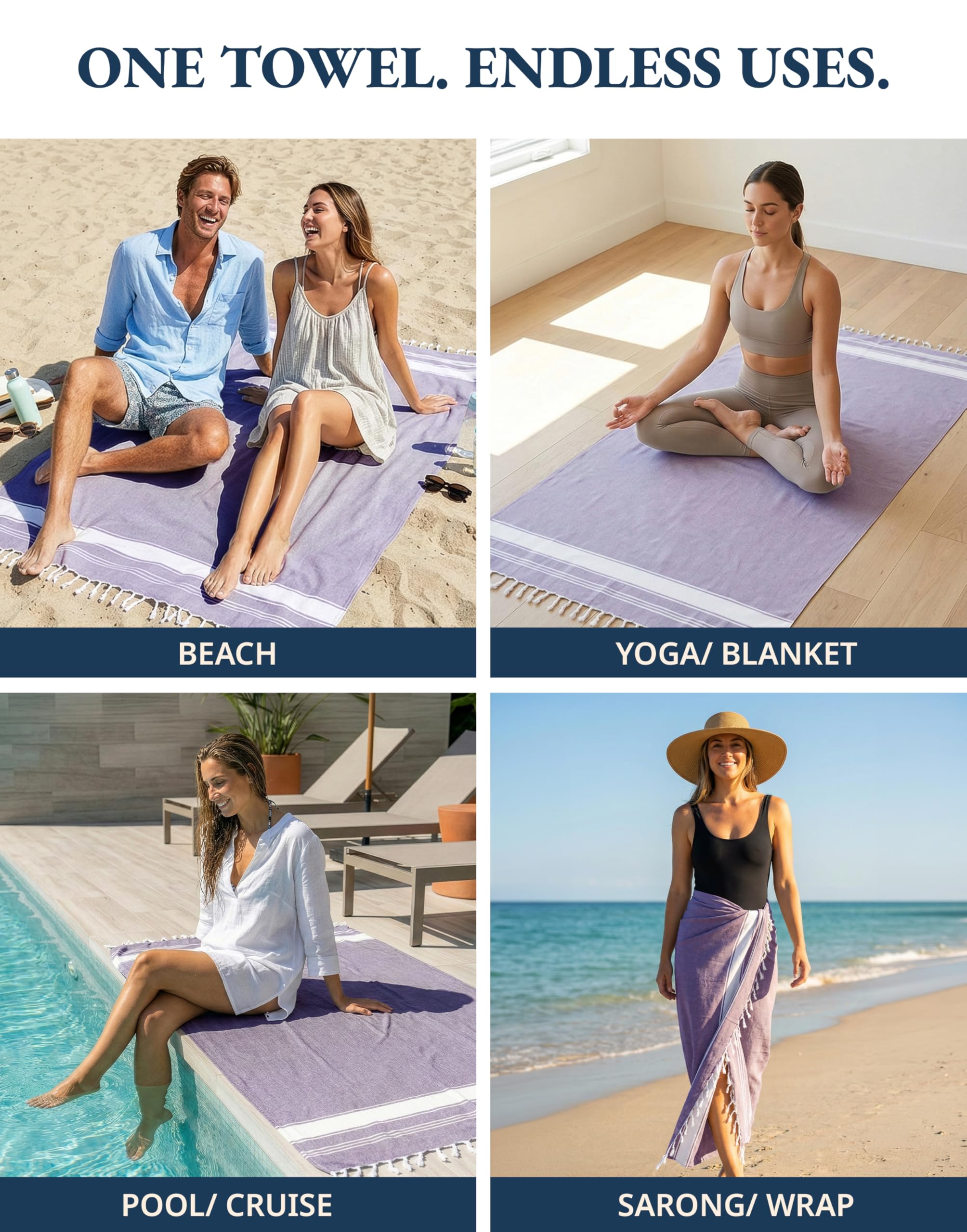 Lane Linen Lot de 4 serviettes de plage surdimensionnées – Serviettes turques pré-lavées, à séchage rapide pour voyage, grandes serviettes de piscine, 99,1 x 180,3 cm – Pour pause journée