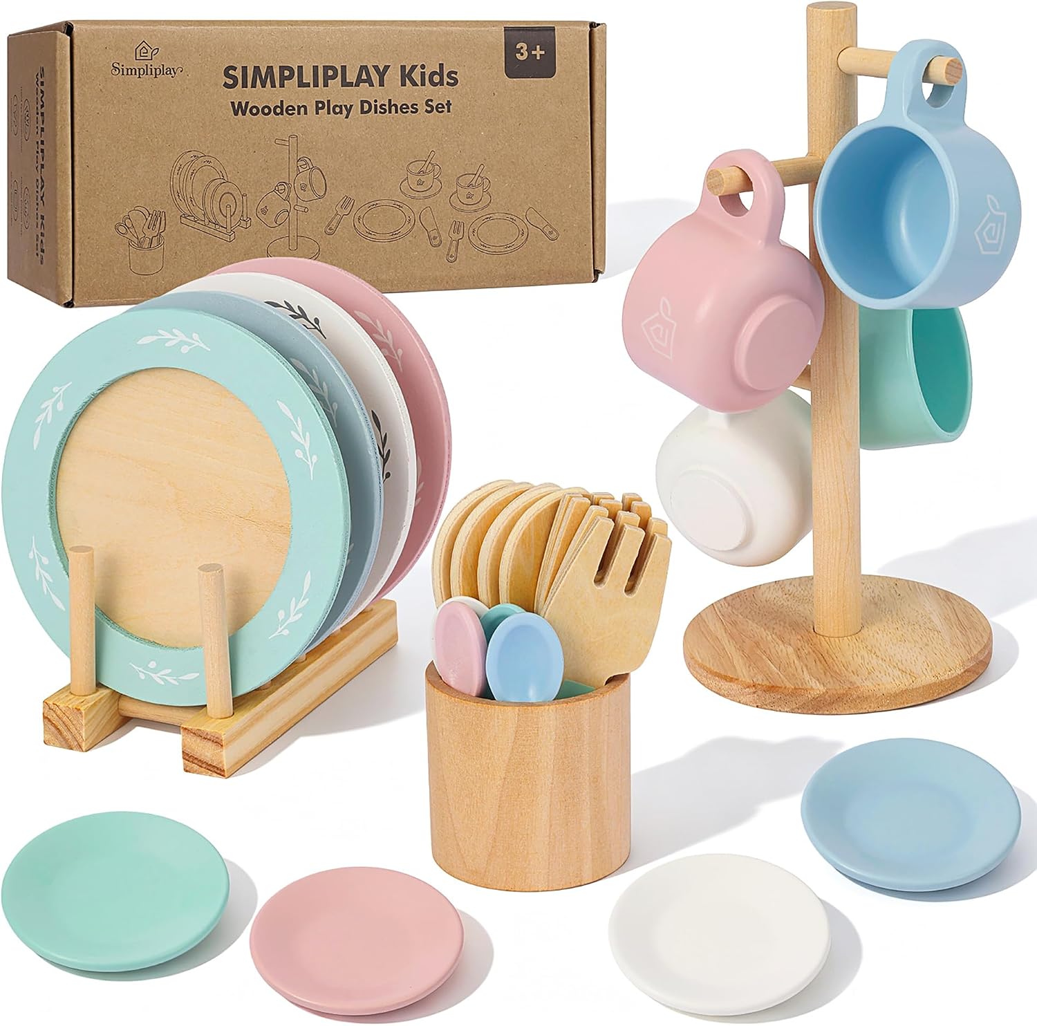 SimpliPlay Kids Wooden Play Dishes and Plates Set, Play Kitchen Accessories