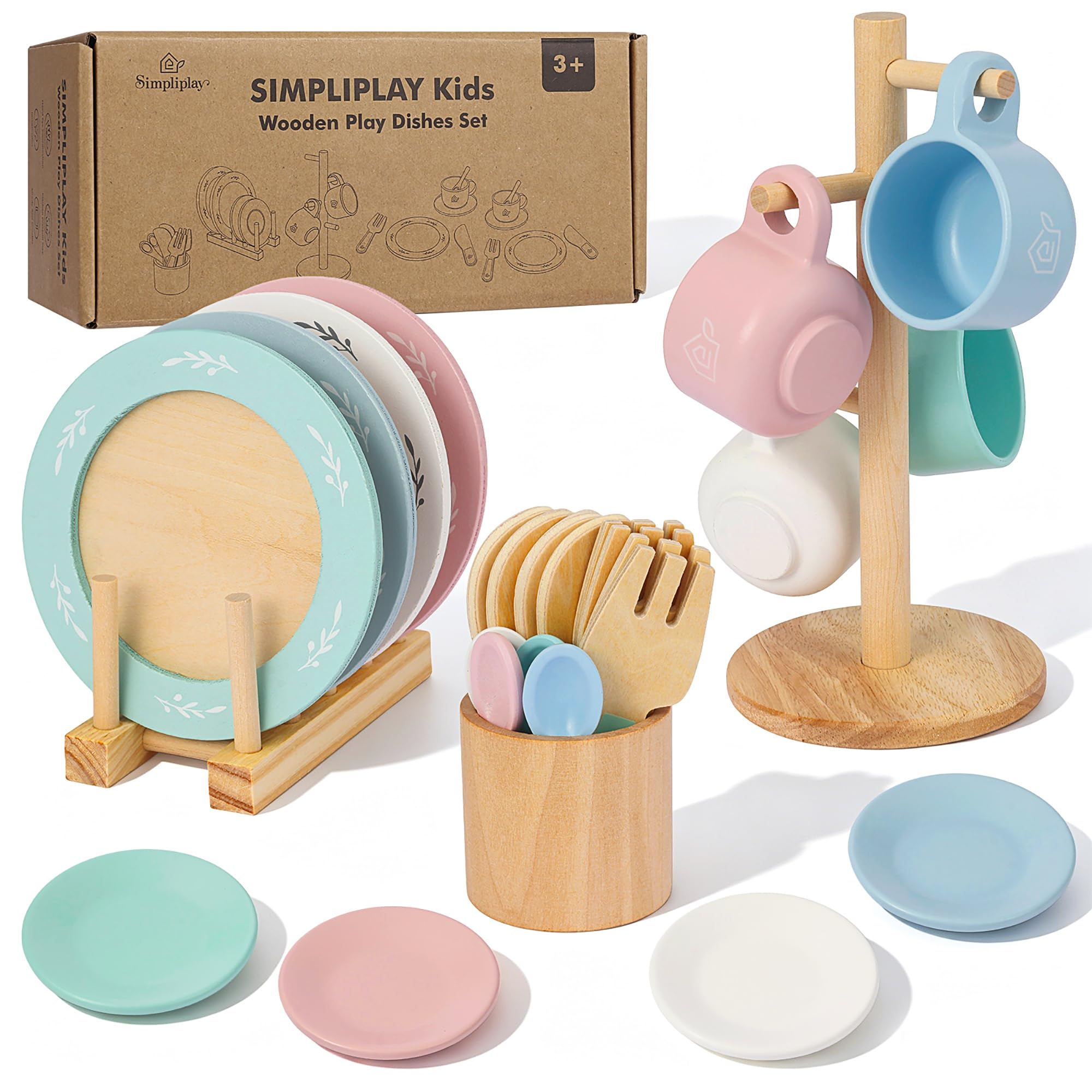 SimpliPlay Kids Wooden Play Dishes and Plates Set, Play Kitchen Accessories