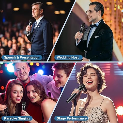 Miniatura 5 de Micrófono inalámbrico, sistema profesional de micrófono dinámico inalámbrico de mano dual con receptor recargable, juego de micrófono de karaoke