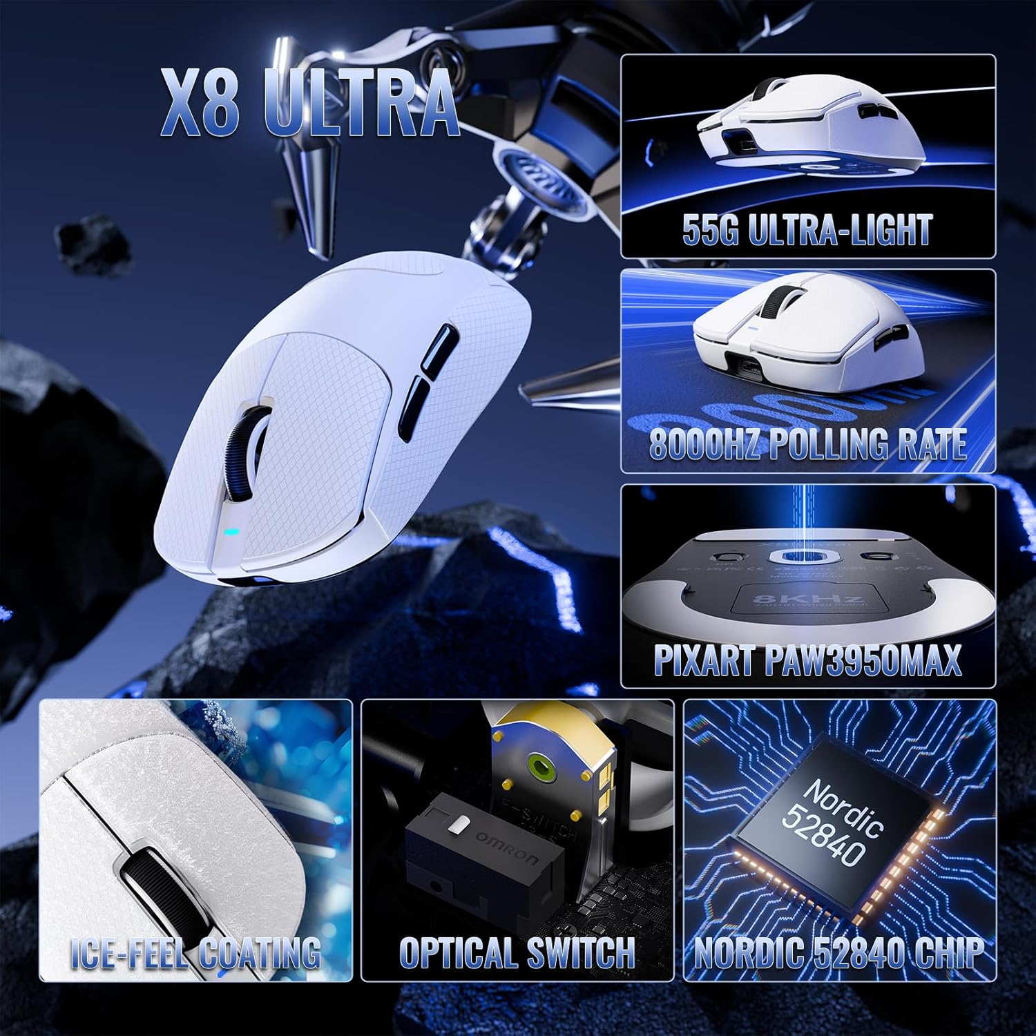 MAMBASNAKE x Attack SHRAK X8ULTRA Wireless Gaming Mouse with 42000 DPI,3950MAX Sensor,55g Lightweight Big Hand Ergonomic Mouse,8K Hz Polling Rate,Nordic52840,Tri-Mode 2.4Ghz/Type-C/BT(White&Tape)
