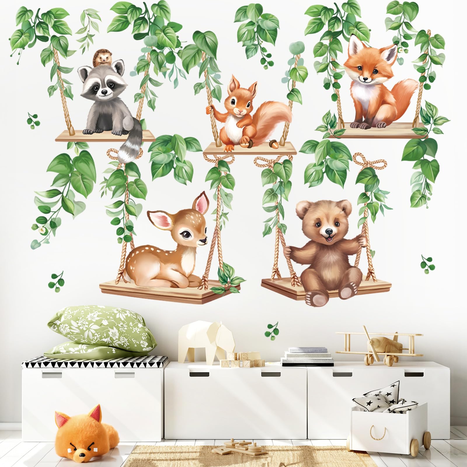 wondever Woodland Animal on Swings Wall Stickers Baby Bear Deer Fox Leaves Peel and Stick Wall Art Decals for Children Nursery Kids Bedroom Living Room - Image 3
