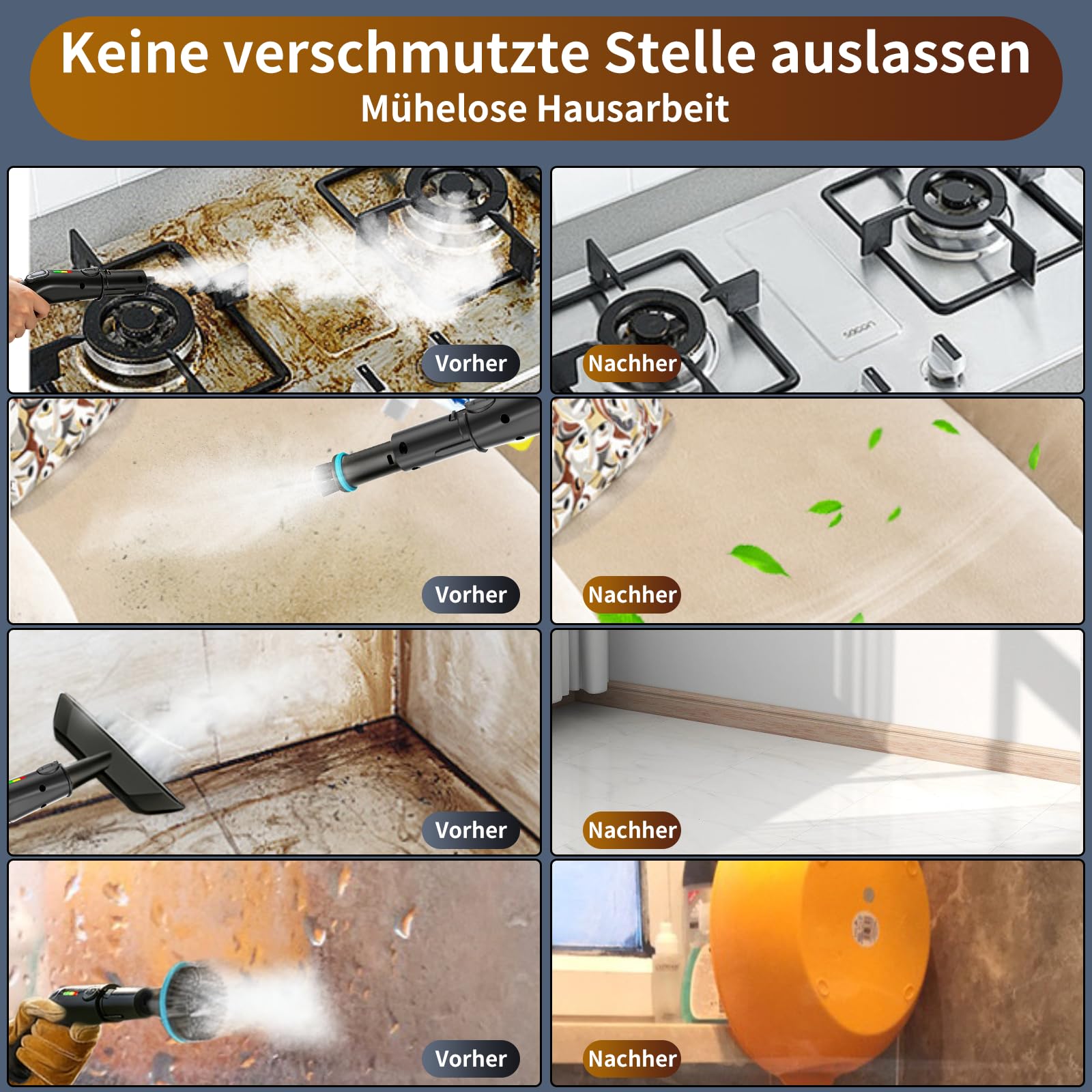 Dampfreiniger Handgerät, 2500W Handdampfreiniger mit Stufengriff, 8 Düsen, 1,8L Tank, 3 Dampfstufen, 4 BAR Hochdruck, 15S Heizzeit 105℃, Tragbarer Dampfreiniger für Auto Küche Bad Polster BBQ