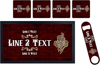 ShopQuality4U Personalise Cocktail Bar Runner Mat, Matching Bottle Opener & 4x Drinks Coasters, Gift Set | Beer Gifts Home Bar Accessories for Pub Bars Man Cave Him Her Gin Oclock