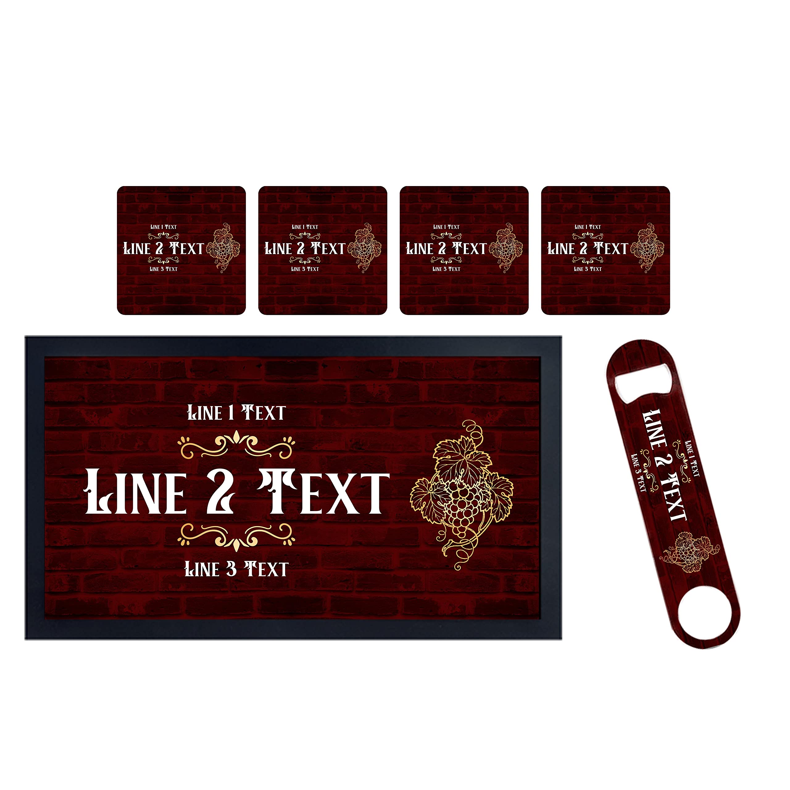 ShopQuality4U Personalise Cocktail Bar Runner Mat, Matching Bottle Opener & 4x Drinks Coasters, Gift Set | Beer Gifts Home Bar Accessories for Pub Bars Man Cave Him Her Gin Oclock