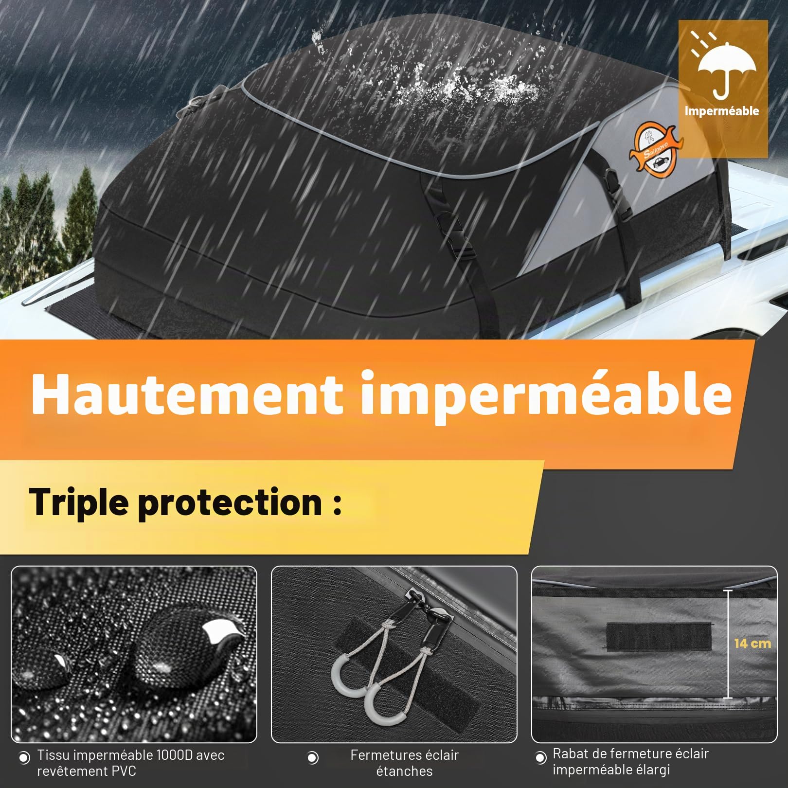 Coffre de Toit de véhicule Sac de Toit Voiture pour Voyage Résistant aux Intempéries 559L 700D Nylon, 8 Sangles Renforcées, 6 Crochets de Porte pour Les Voyages et Le Transport des Bagages
