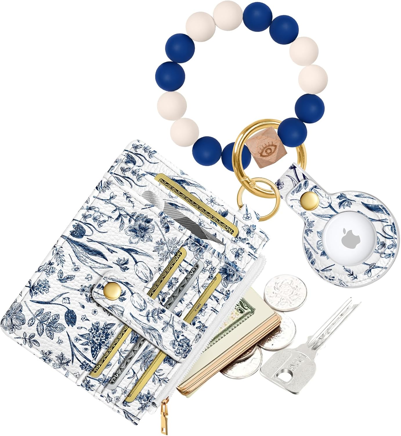 Wallet Keychain Wristlet for Women with AirTag Holder - Cute Design Credit Card Holder Wallets Key Chain Ring Slim Small RFID Air Tag Coin Pocket Purse for Ladies Girls Female,Blue Flower