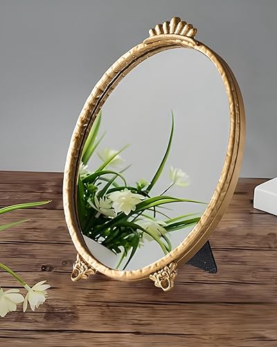 Miniatura 5 de Espejo de tocador pequeño de estilo barroco vintage para montar en la pared, marco ovalado de hierro, espejo de mesa de vidrio, 11.0 pulgadas de