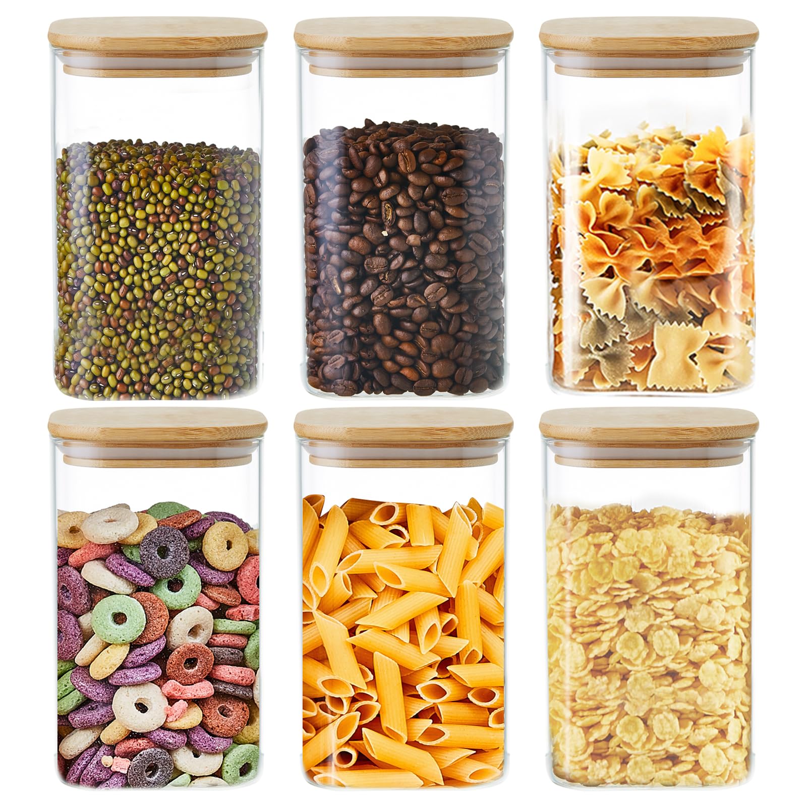 MESNEY Paquete de 6 tarros de vidrio para almacenamiento de alimentos de 1600 ml con tapas de bambú, recipientes herméticos y apilables para cocina y despensa, tarros de vidrio transparente ecológicos