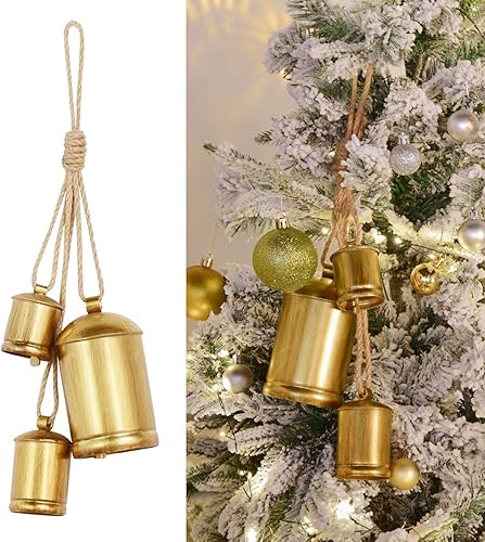 Campanas doradas de Navidad, juego de 3 campanas vintage con cuerda de yute, campanas rústicas de metal para decoración, idea de campana colgante