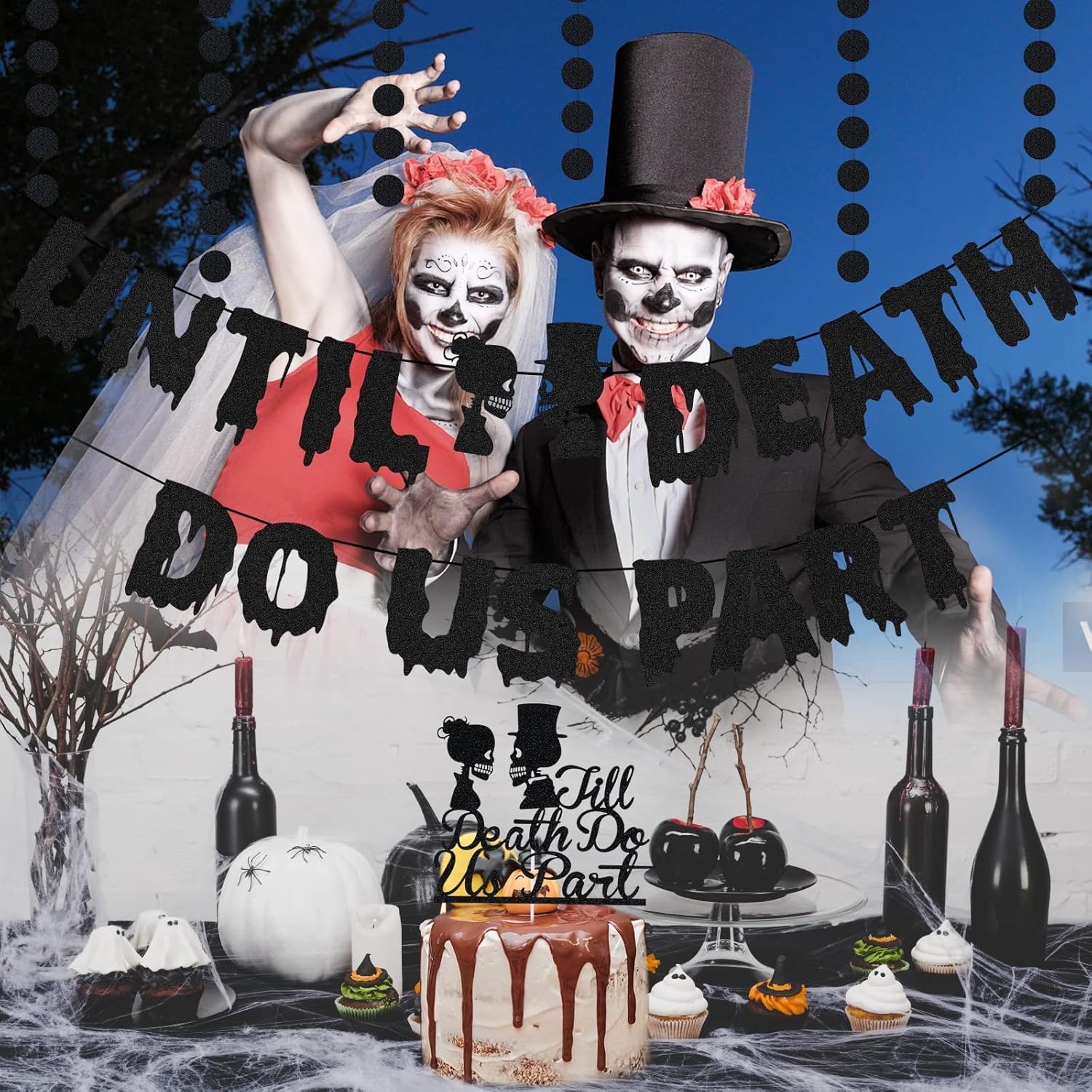 Halloween Banner 'Till Death Do Us Party' - Schwarz Glitzer Partydeko