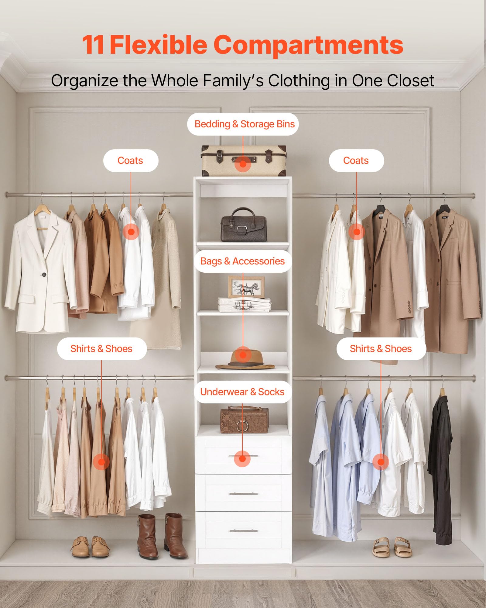 VEVOR Système de Placard avec 3 tiroirs, système d'organisation de Placard en Bois à Hauteur réglable, Porte-vêtements avec 4 tringles à vêtements rétractables, pour Rangement de Chambre, Blanc