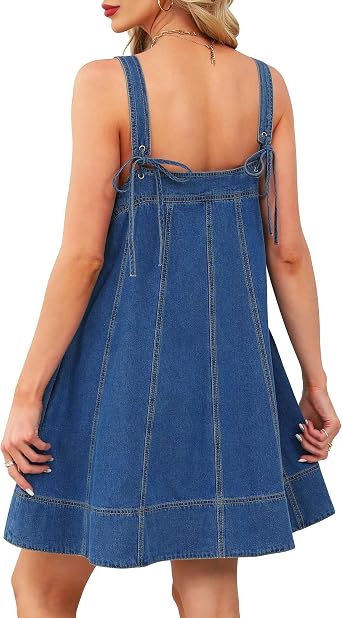 Denim Dress for Women Tie Shoulder with Straps Sleeveless Ruffle Hem Summer Casual mini Jean Dress with Pockets
