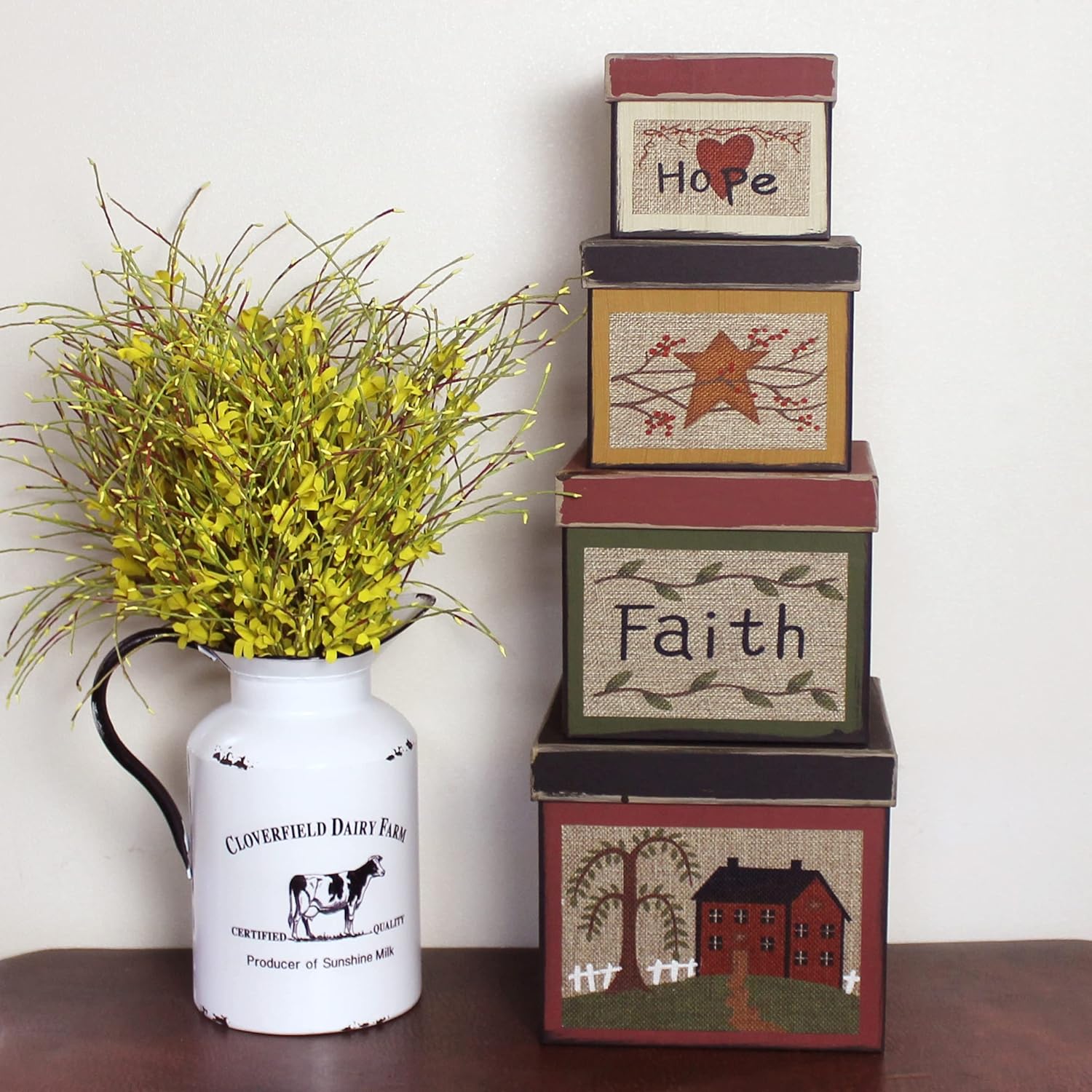 CVHOMEDECO. Square Primitives Vintage Hope Faith Star House Collectibles Cardboard Nesting Boxes, Set of 4. (8" x 8" x 7"H)