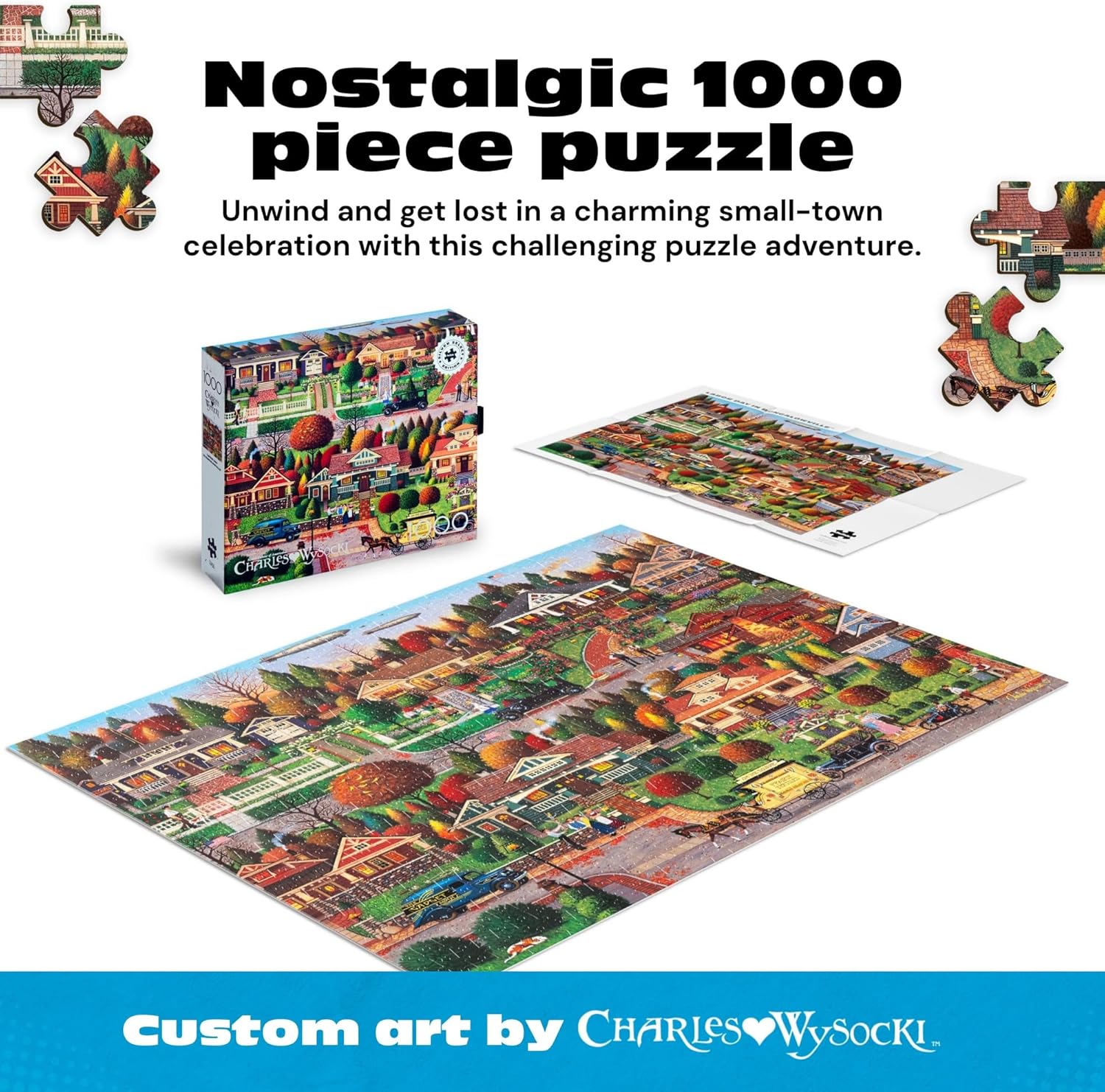 Buffalo Games - Charles Wysocki Labor Day in Bungalowville 1000 Piece Jigsaw Puzzle for Adults – Precision-Cut Pieces, Beautiful Artwork, and Hours of Relaxing Fun - Silver Accented Collectible Box