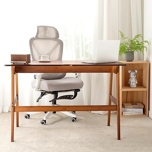 Miniatura 6 de Nnewvante Escritorio, mesa de bambú con 2 cajones, muebles simples y modernos para el hogar, oficina, computadora, escritura, estudio, maquillaje y