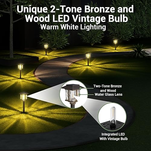 Miniatura 7 de XMCOSY+ Luces solares para exteriores, paquete de 6 luces solares para exteriores, impermeables, 2 tonos de bronce y madera, 15 LM LED de