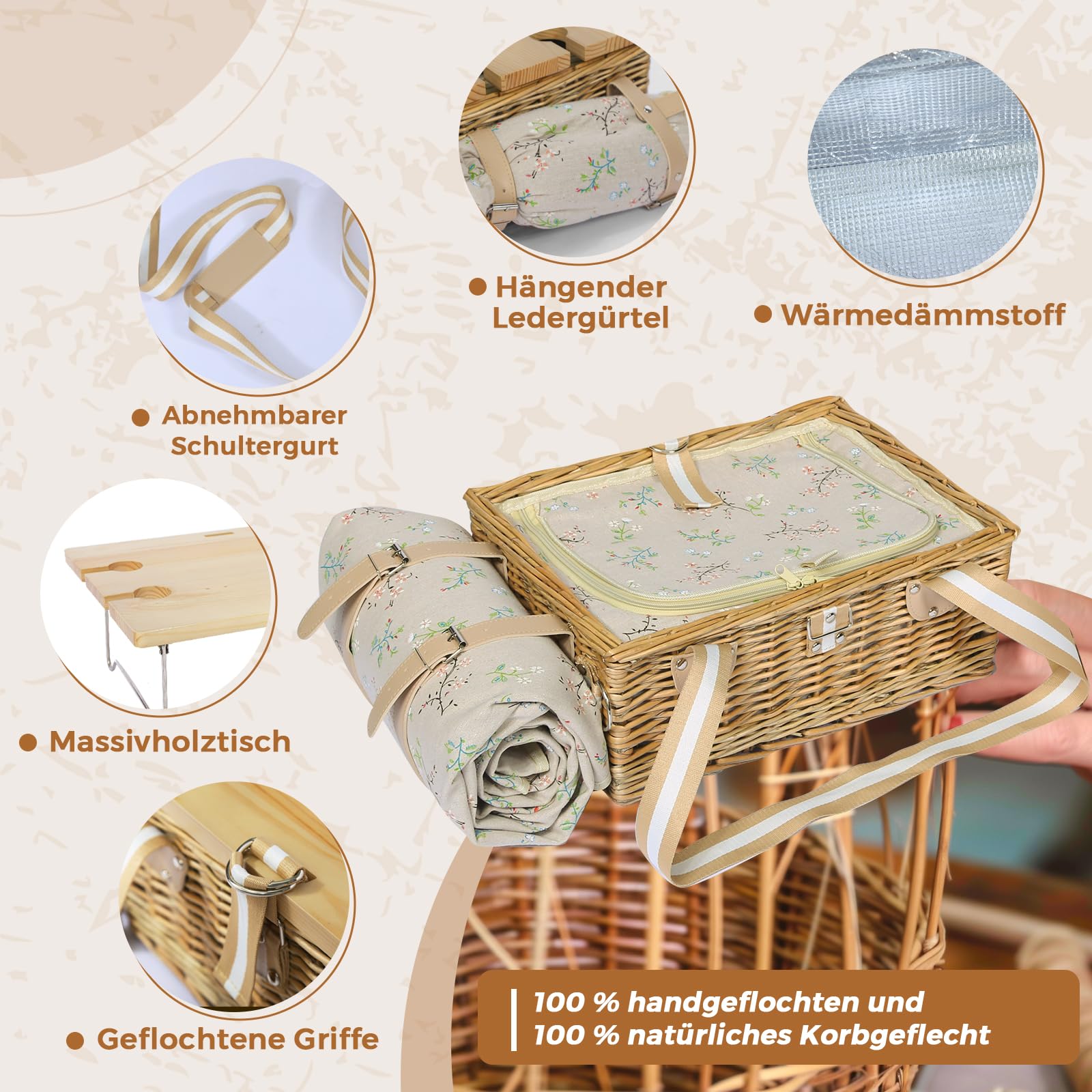 Picknickkorb-Set mit Klapptisch und Besteck-Set, Picknickkorb für 4 Personen mit kühltaschen, Flechtkorb mit Henkel, Weidenkorb Geschenkset für Picknick Camping Outdoor Party