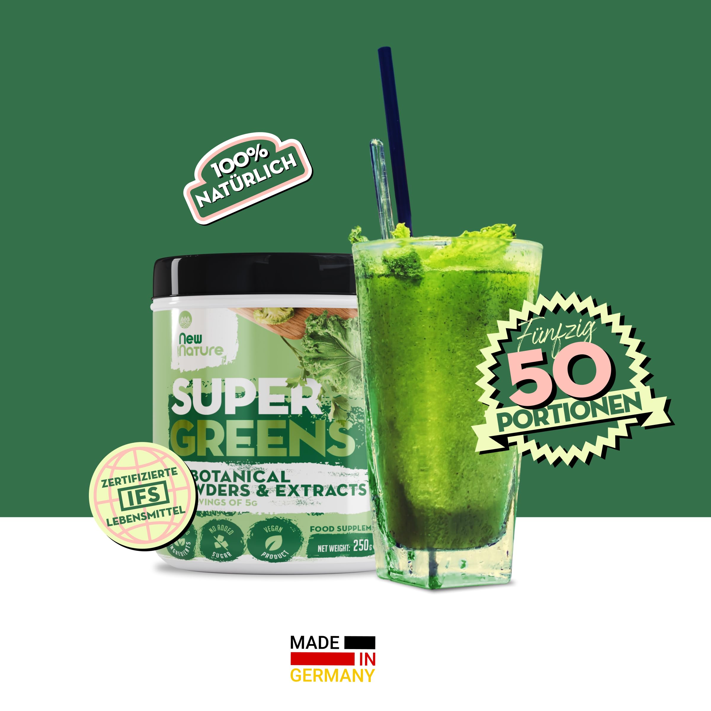 New Nature Super Greens Pulver 250g - Natürliches Superfood Smoothiepulver aus 15 Superfoods, Zuckerfrei, Vegan, 50 Portionen - Gesundheit & Vitalität für den Alltag