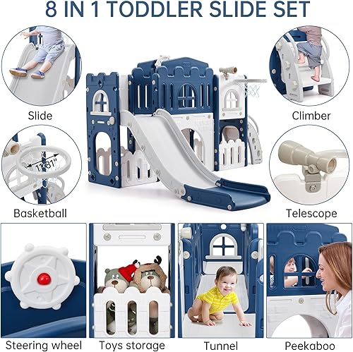 Miniatura 4 de Juego de tobogán 8 en 1 para niños pequeños de 1 a 3 años, juego de bebé para interiores y exteriores con escalador, túnel de gateo, aro de