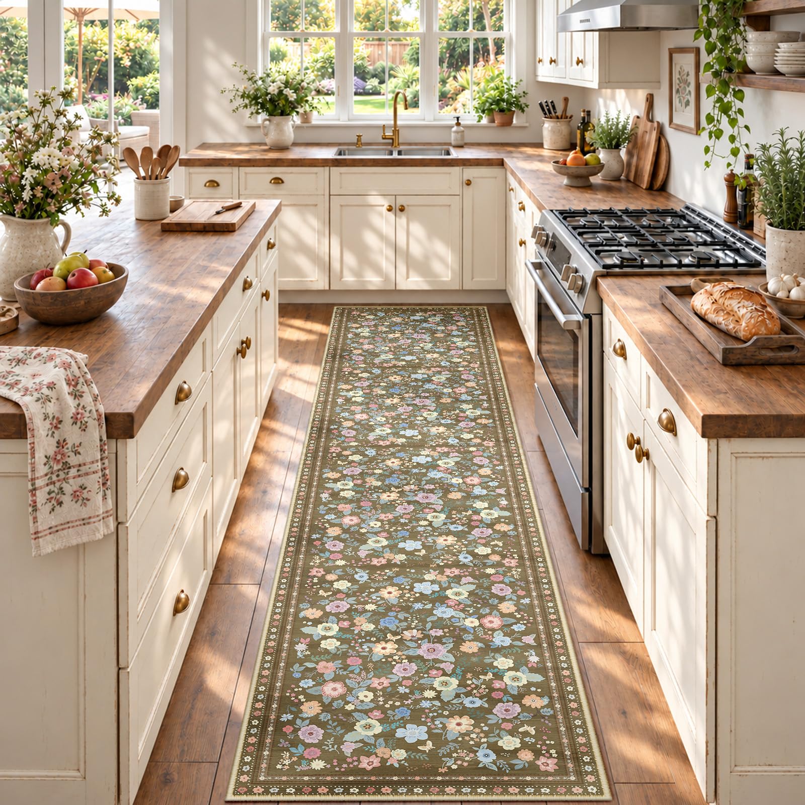INOVADAY Washable Rug Floral Print 60x305 cm Brown Hallway Runner Rug — image 1