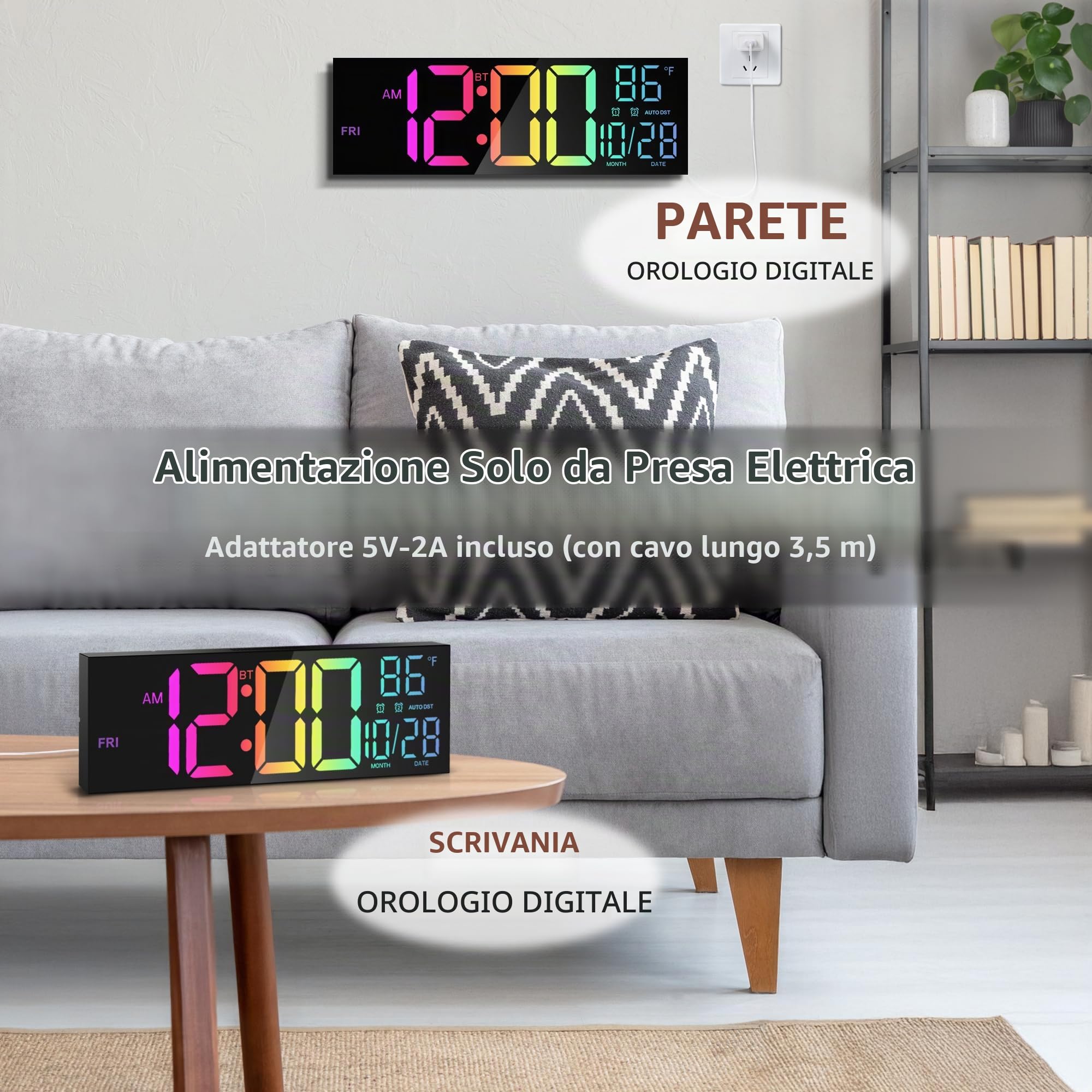 Orologio da Parete Digitale 16,5" con Bluetooth, Luce Notturna, Dimerabile, 2 Allarmi, Temperatura, Colori RGB, Telecomando, 12/24H, Timer – Salotto, Ufficio, Anziani