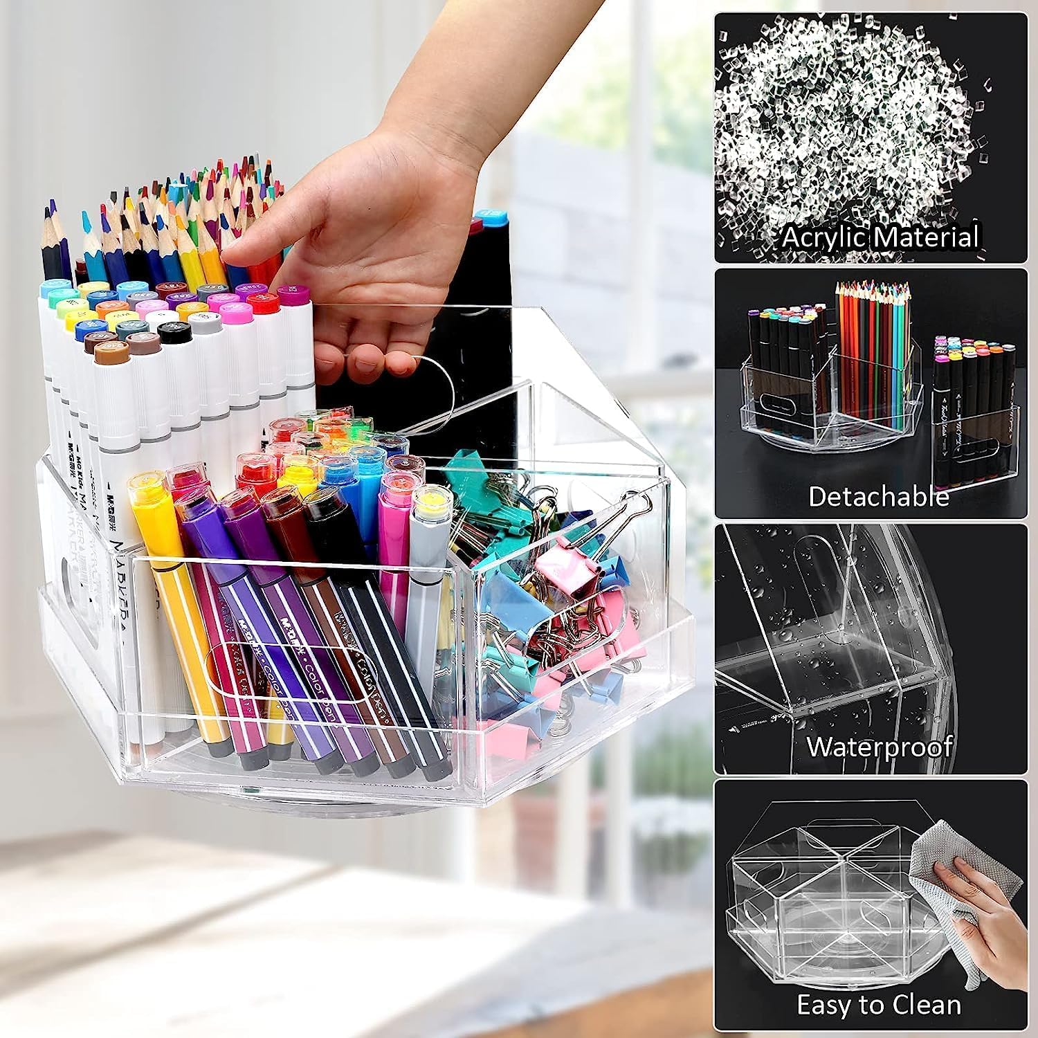 Organizador de suministros artísticos de acrílico giratorio de 360° y organizador de marcadores con asa y 6 compartimentos, organizador de escritorio giratorio para lápices, cosméticos y suministros