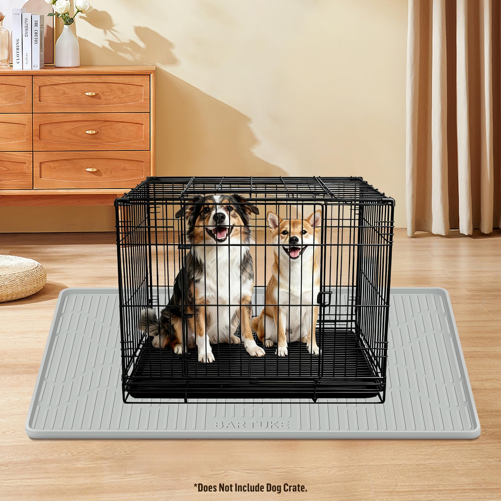 Tapis de cage en silicone pour chien, 137,2 x 69,8 cm, tapis de niche avec bord surélevé, lavable, imperméable, étanche, protège les sols