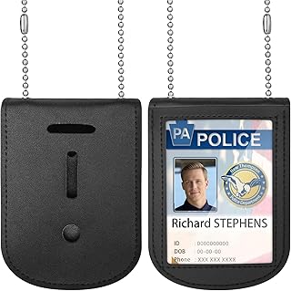 Uniclife Police Badge Holder, Cowhide Law Enforcement Badge Holder with Clear ID Window & Stainless Steel Bead Chain, Universal Leather ID Badge Holder, Hook and Loop Sheriff, Black