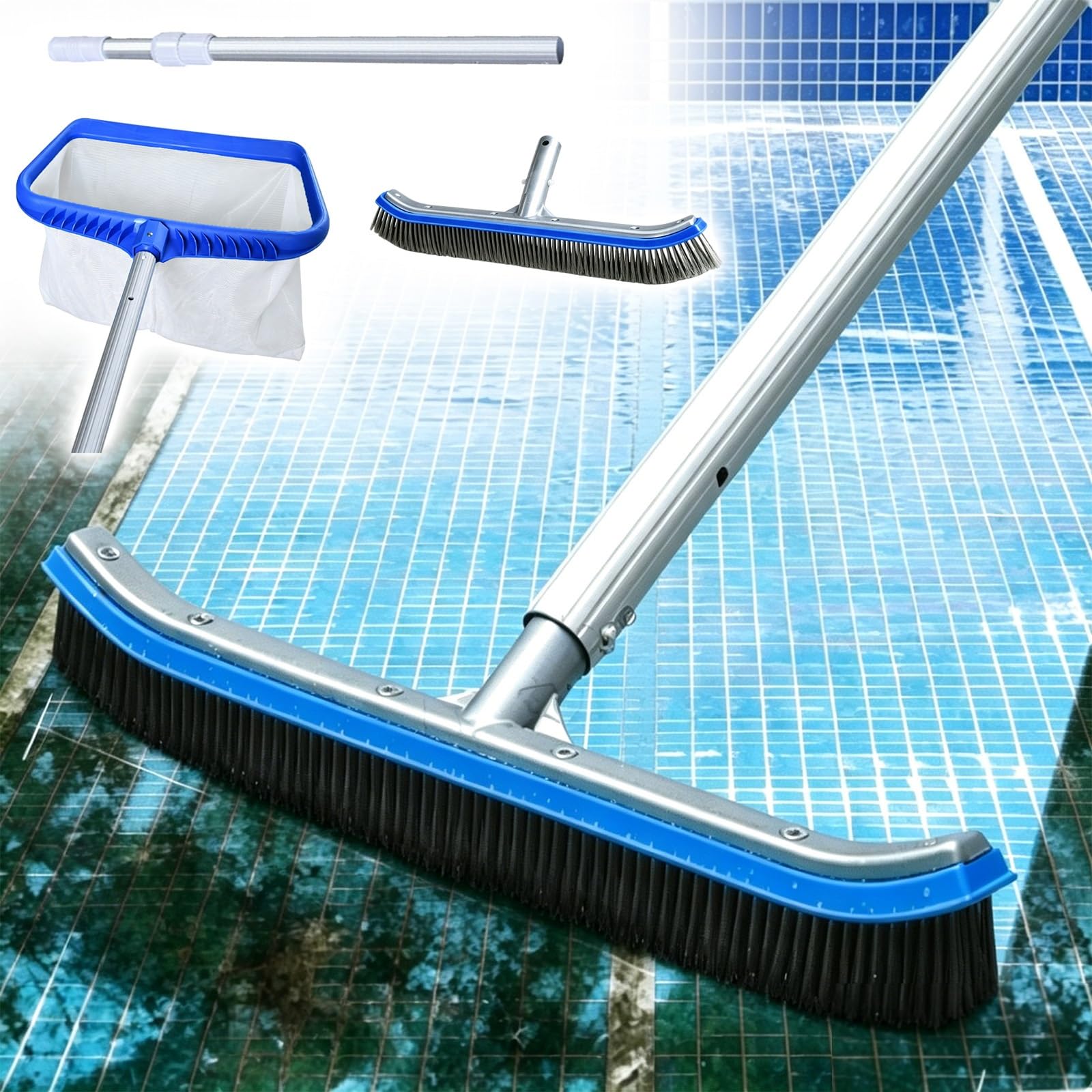 Lzmzmq One Color Pool Brush And Net Combo With Pole, Pools Maintenance Kits For Cleaning Effortlessly, Commercial Residential Swimming Pools Cleaning Equipment(39.3In/1M)
