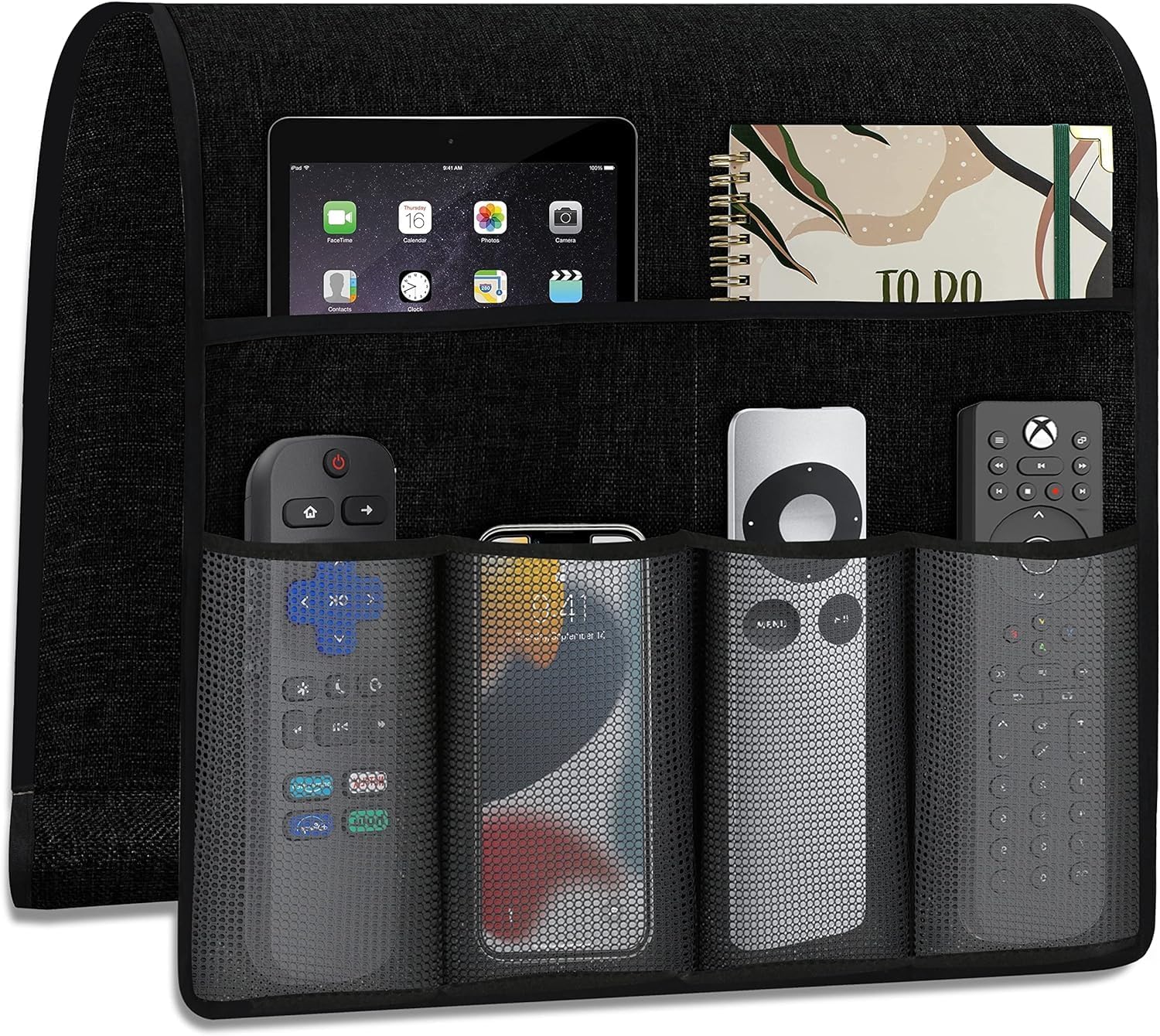 DHARMATMAJ New Sofa Caddy Organizer Remote Control Holder for Couch Cotton Non Slip Armrest Chair Caddy with 6 Grey Mesh Pocket Newspaper Storage for Tablet Phone Magazine (Black)-image-1