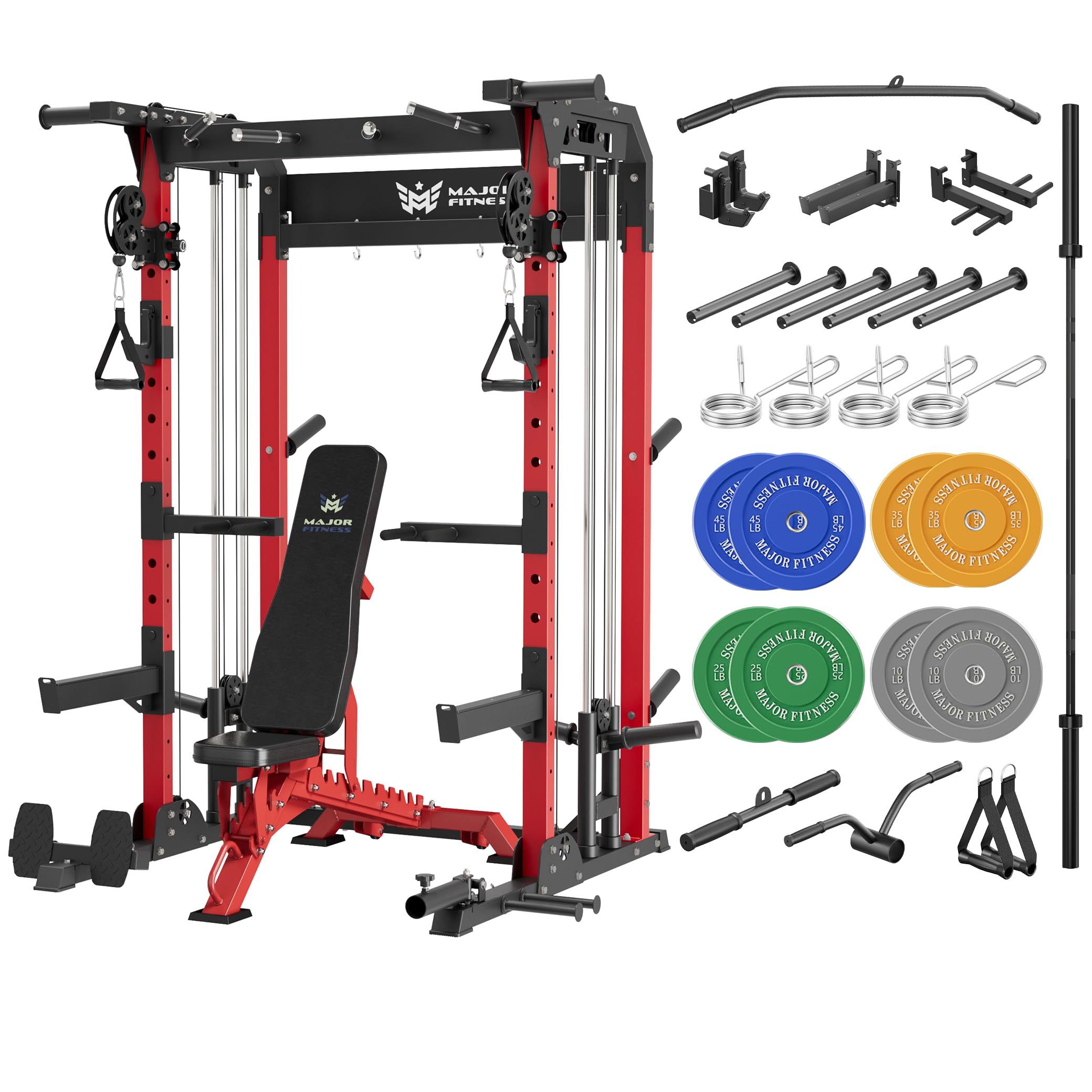 MAJOR FITNESS F22 Power Rack, 1600lbs All-in-One Squat Rack with Dual Pulley System, Heavy-Duty Steel Frame, Attachments & Storage for Home Gym