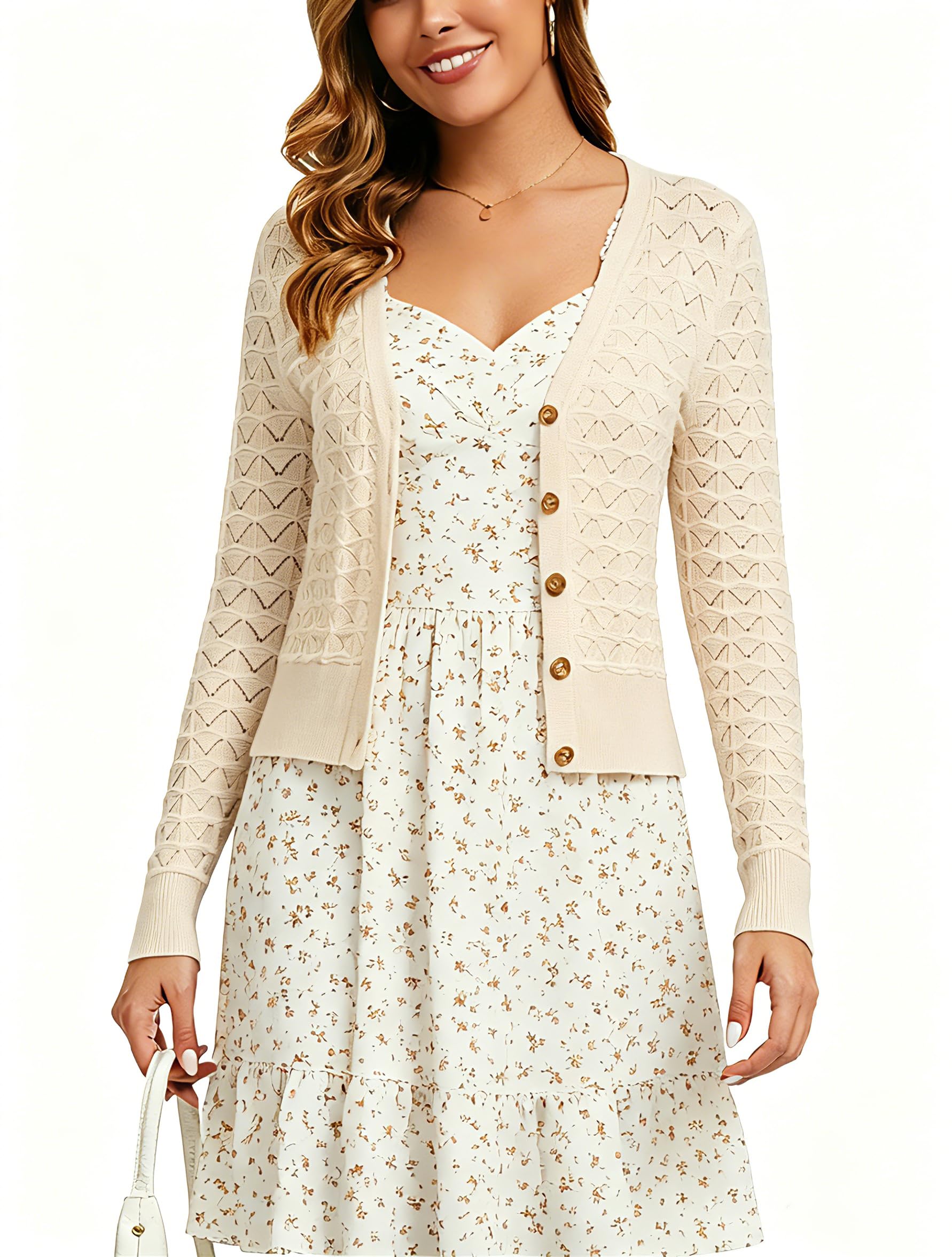 Bolero Mujer Cardigan Corto Hueco Grueso Chaqueta de Punto Manga Larga con Botones Rebecas Cuello V Antiguo Básico Clásico