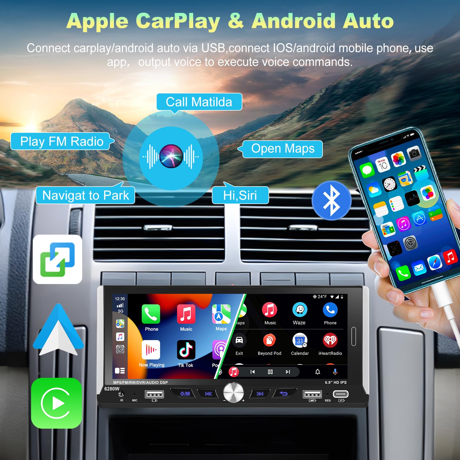 Podofo Autoradio 1 Din avec sans Fil Carplay Android Auto, Poste Radio Voiture Bluetooth avec écran D'autoradio de 6,9 ​​Pouces Connexion de Rétroviseur, Caméra de Recul et Le Microphone