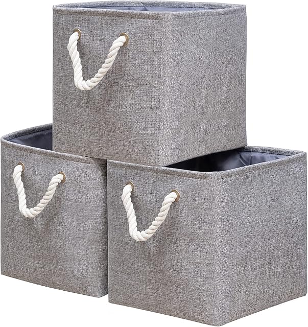 Yawinhe Foldable Storage Basket 3 Pack, Collapsible Storage Bins with Rope Handles, Wardrobe Organiser, for Sorting Clothes, Books, Toys, Family Items, 30x30x30cm, Grey, SNK004GS