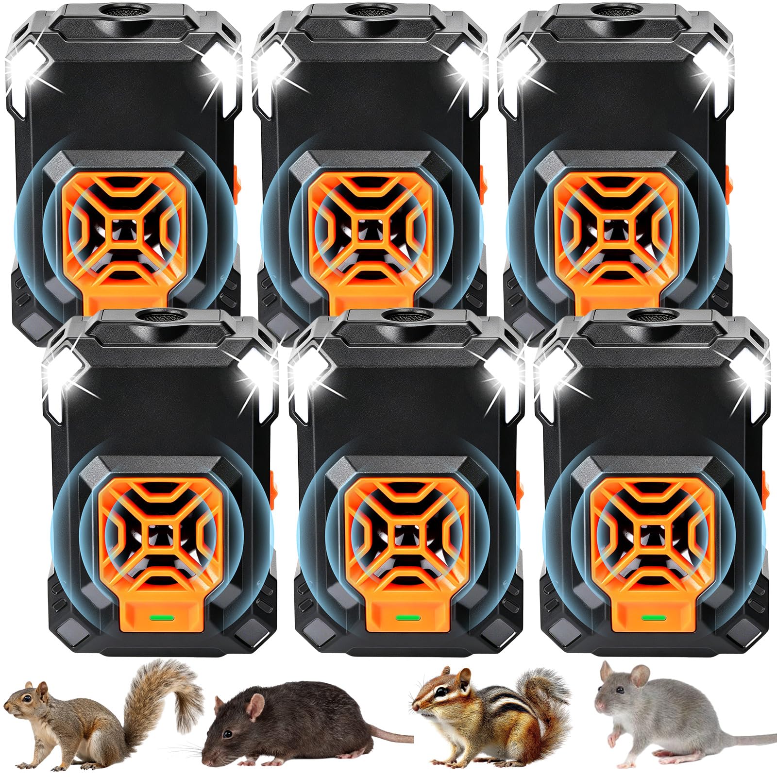 Paquete de 6 repelentes ultrasónicos de roedores para motores de automóvil, repelente ultrasónico de roedores para debajo del capó, enchufe y alimentado por USB con 4 luces estroboscópicas para