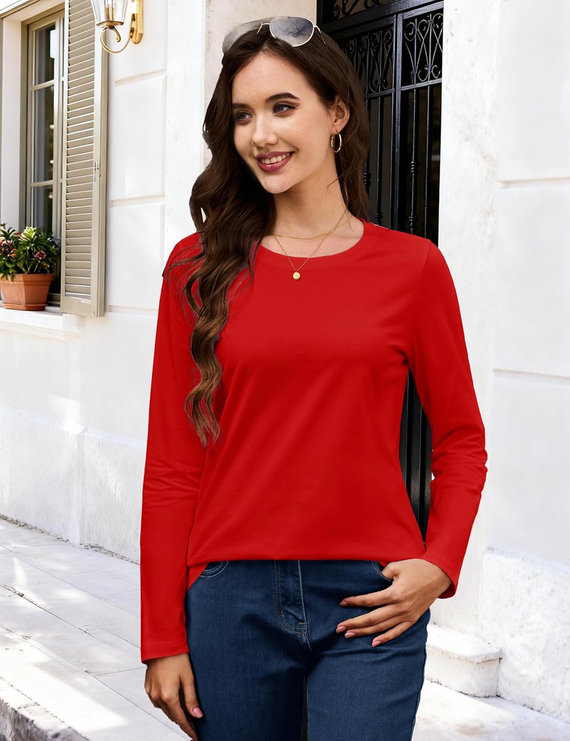 MAGCOMSEN Women's Cotton Long-Sleeve Crew-Neck T-Shirt Classic-Fit Shirt Soft Breathable Casual Tee Basic Tops - Image 2