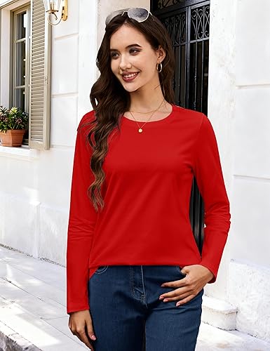 Miniatura 2 de MAGCOMSEN Camiseta de algodón de manga larga con cuello redondo para mujer, camiseta de corte clásico, suave, transpirable, casual, camiseta básica