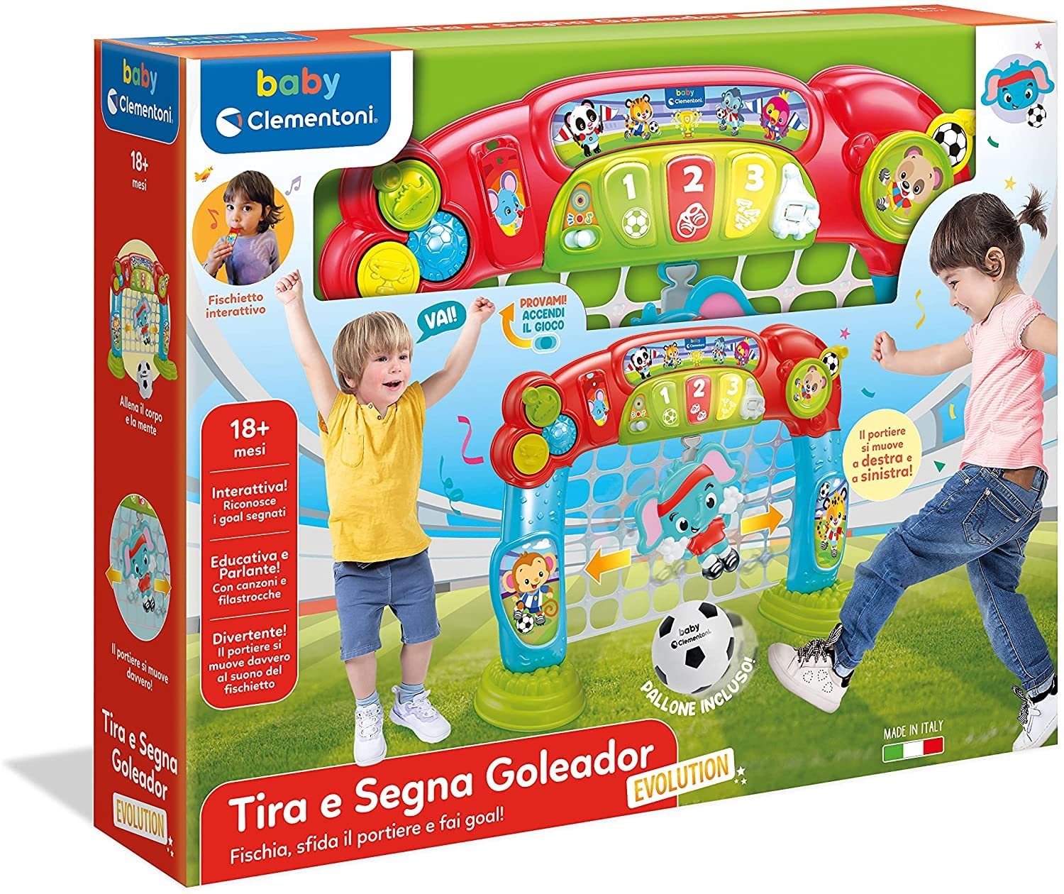 Clementoni Baby 17438 - Tira e Segna Goleador Evolution, Porta Calcio per Bambini 18 Mesi - Gioco elettronico e interattivo, Centro attività, insegna i Numeri - parlante in Italiano, Made in Italy