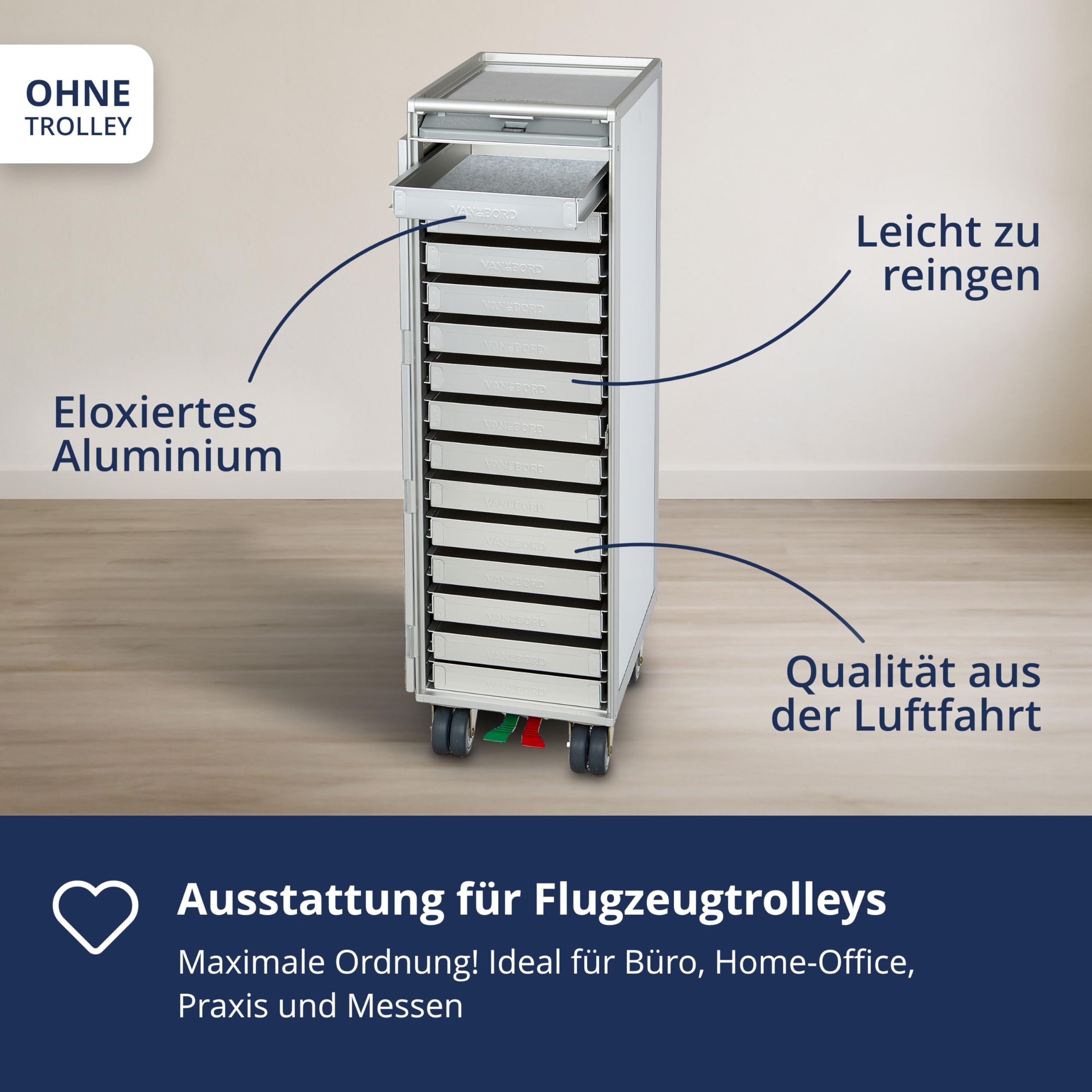 Ausstattungspaket für Flugzeugtrolleys und Airline Trolleys, 14 Einschübe inkl. FIlzeinlagen, Atlas-Norm