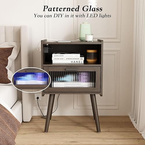 Miniatura 6 de Mesita de noche moderna de mediados de siglo con estación de carga, mesitas de noche con cajón de cristal, mesa auxiliar con espacio de