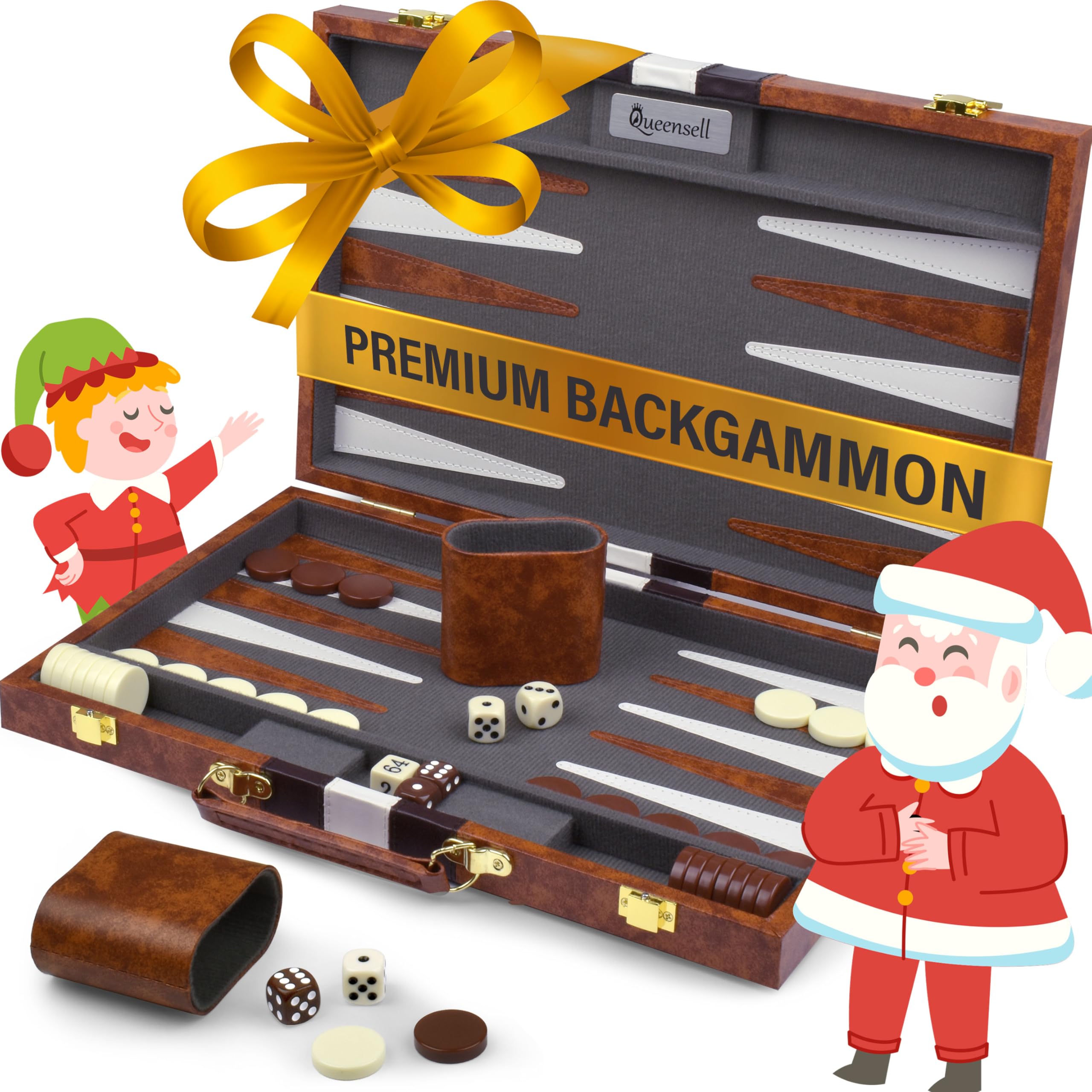 Queensell Backgammon Sets for Adults - Premium Backgammon Board Game with Leather Board Case and Quality Backgammon Pieces - 15 in Case